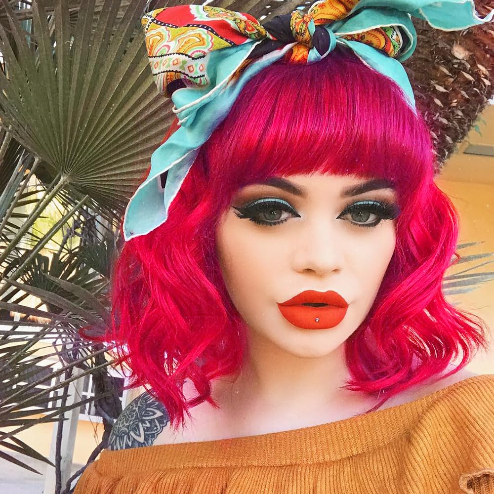 NOBLE Wavy Curly Bob Wig with Bangs Hot Pink Bob Wig Short Bob Wavy Hair Wigs for Women Synthetic Heat Resistant Bob Wigs.
