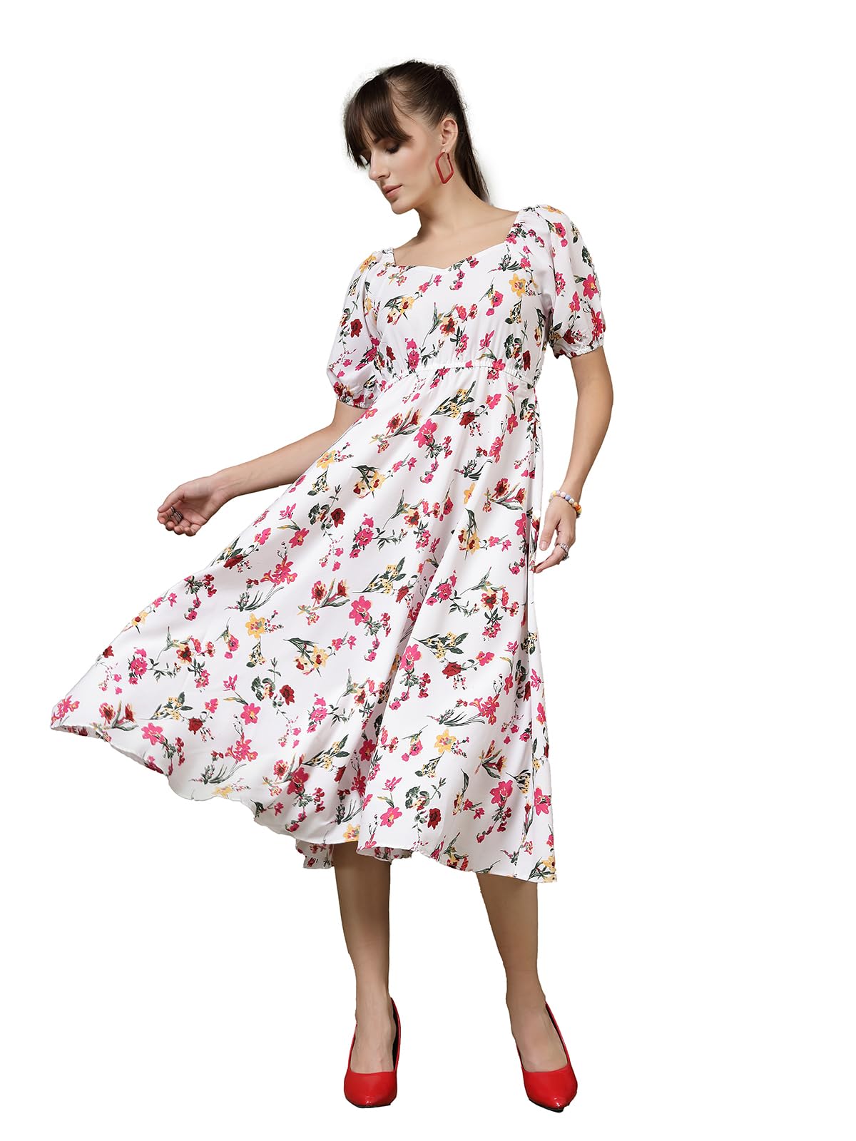 Oomph! Flared Dress For Women Stylish | Long One Piece For Women | Puff Sleeve Long Dress | Floral Print Maxi One Piece | Western & Fusion Wear