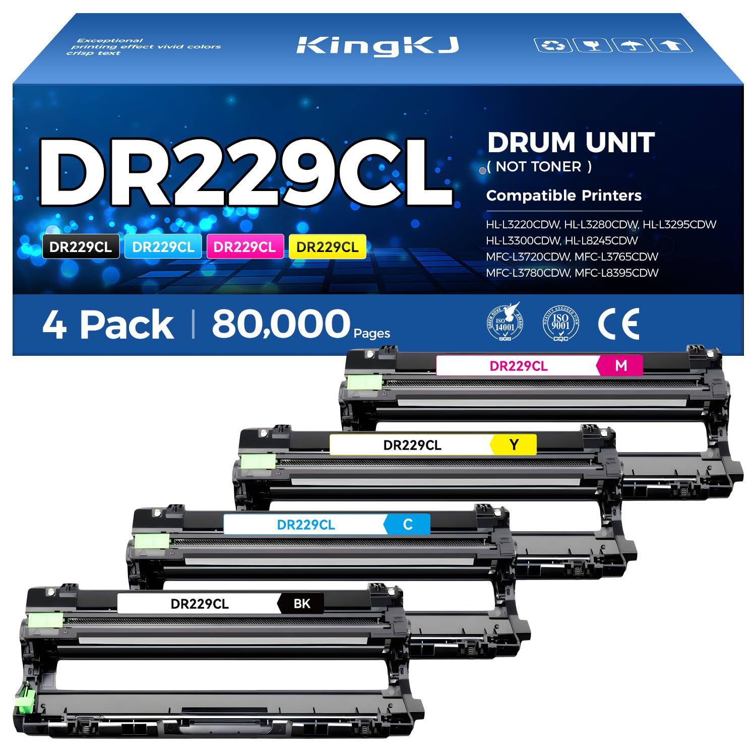 DR229CL Drum Unit (Not Toner)4-Pack Replacement Compatible for Brother DR-229CL Imaging Drum MFC-L3720CDW MFC-L3780CDW HL-L3220CDW HL-L3280CDW HL-L3300CDW HL-L3295CDW L8245CDW MFC-L8395CDW Printer Set