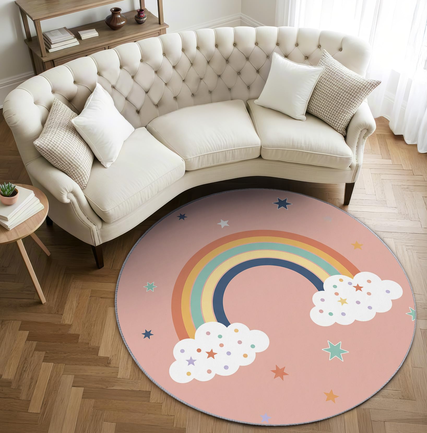 Regenbogen Teppich Rund 120cm Kurzflor - Waschbare Teppiche Wohnzimmer Sterne Rosa Mädchen Kinder - Runder Teppich 120 Durchmesser - Bettvorleger Schlafzimmer rutschfest Weich