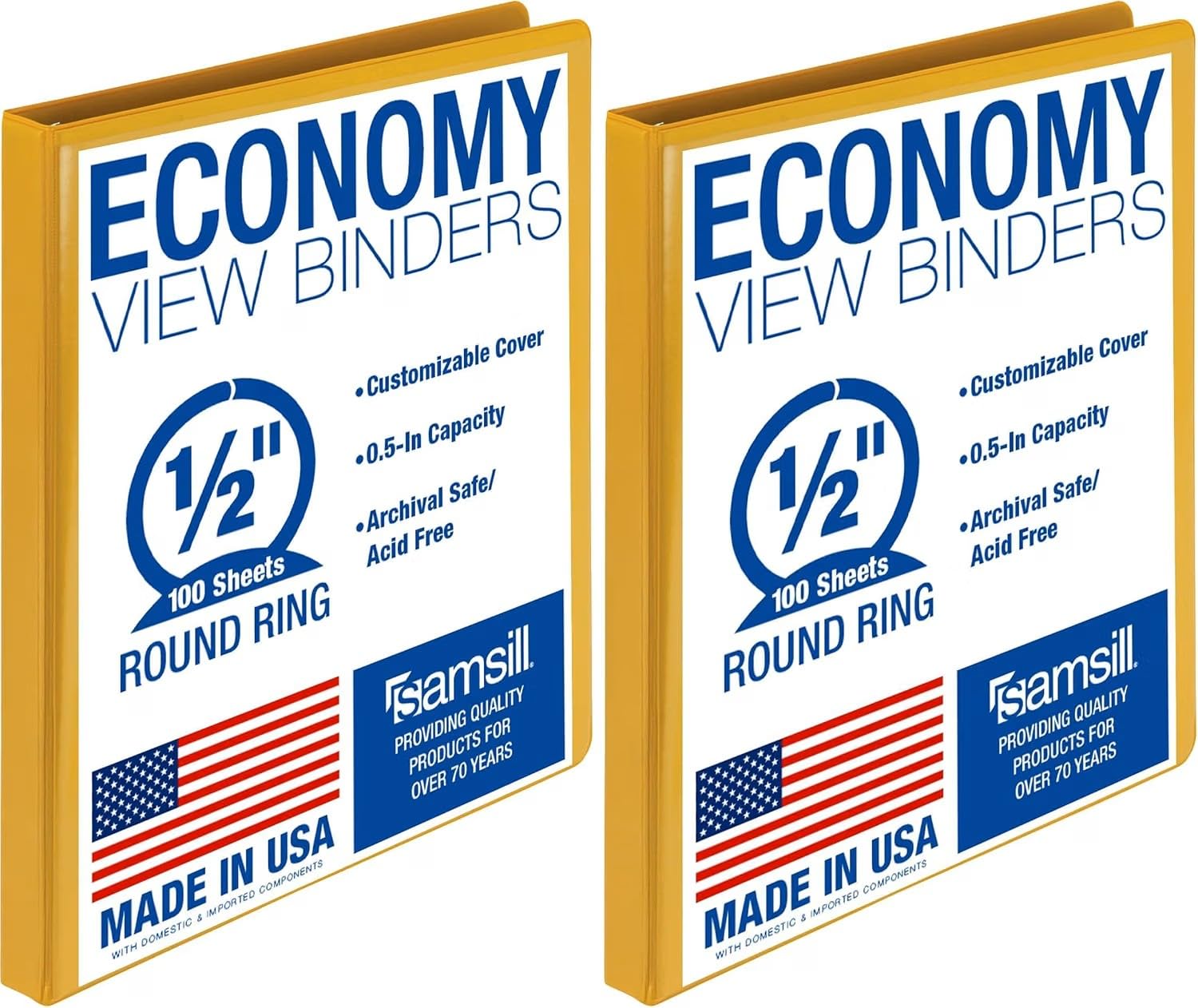 Samsill Economy 0.5 Inch 3 Ring Binder, Made in The USA, Round Ring Binder, Customizable Clear View Cover, Yellow (‎18515) (Pack of 2)