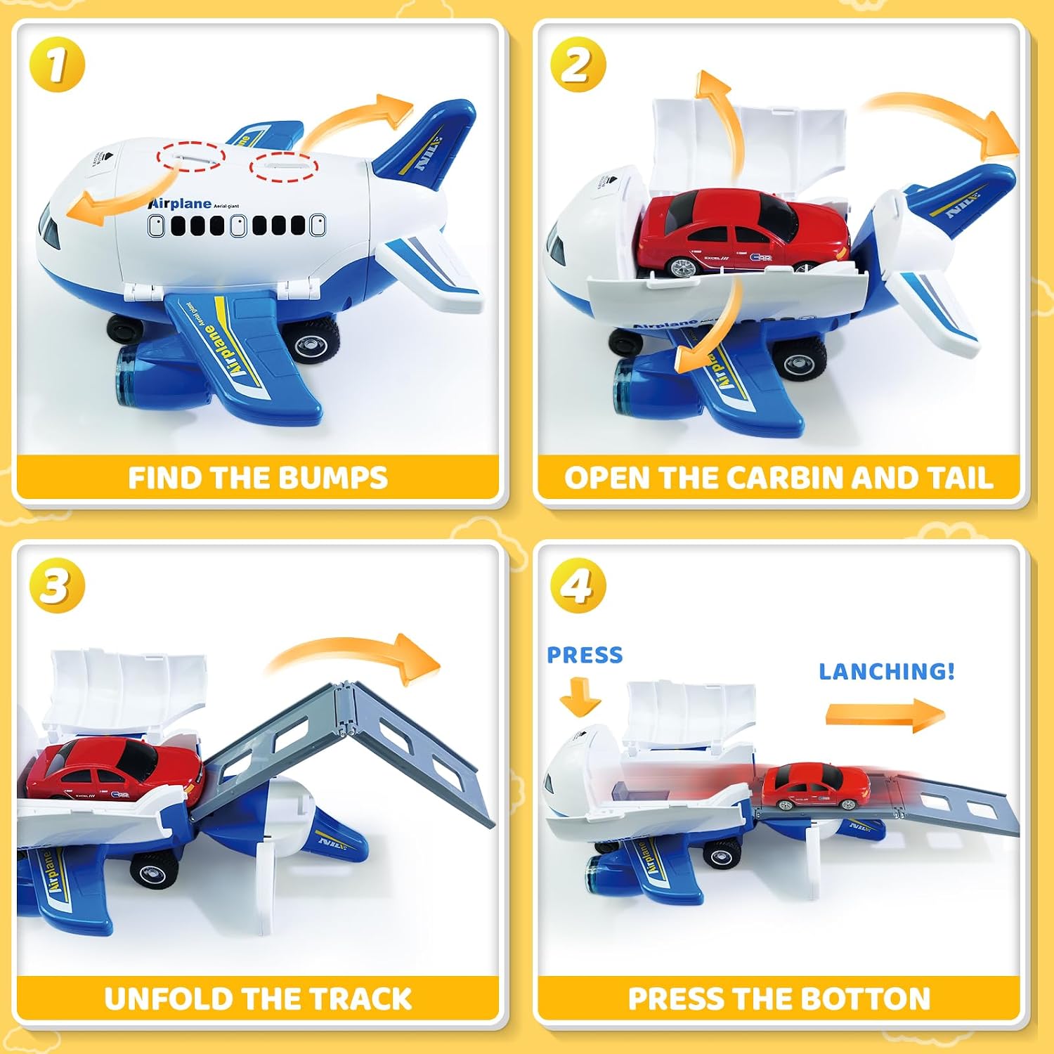 Beestech Airplane Toys with Runway and Car, Friction Powered Launcher Plane Toys for Boys Girls Kids Toddlers 3 4 5 6 Year Olds, Birthday Gifts (Blue)