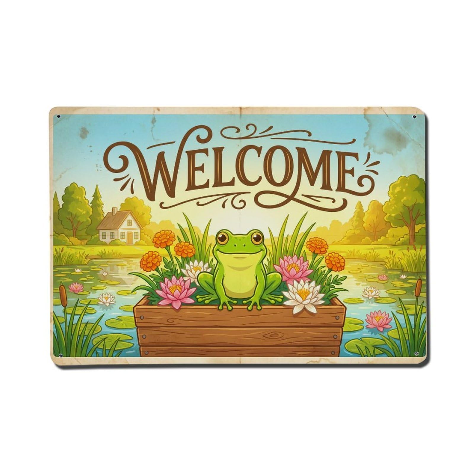 Vintage Welcome Frog Rustic Charm Metal Tin Sign