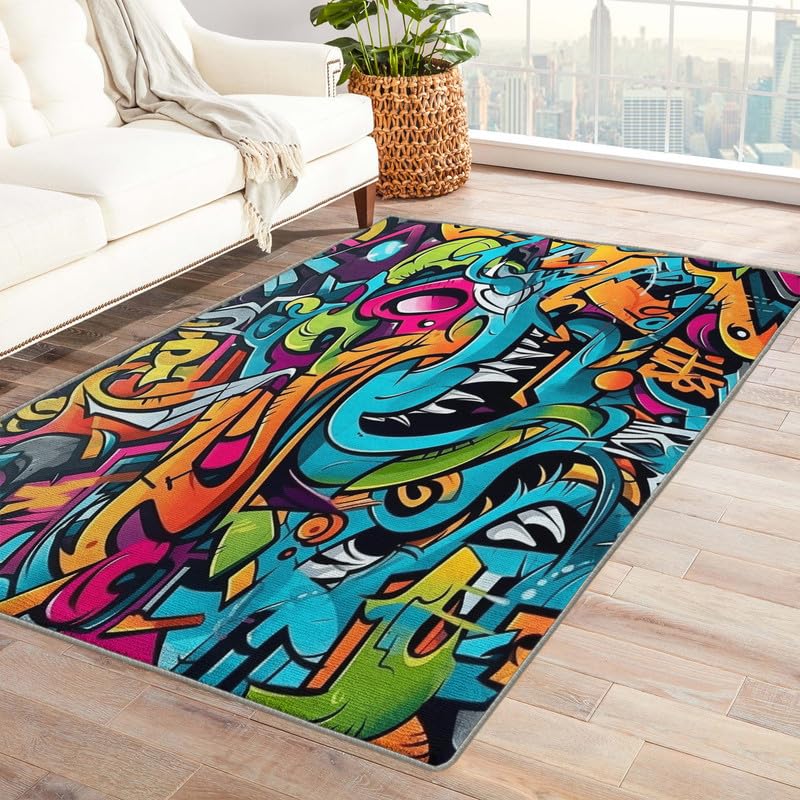 Washable Rugs for Living Room Bedroom, Graffiti Rug & Home Decor, Hip Hop Area Rug 3x5, Non Slip Soft Low Pile Non-Shedding Indoor Carpet, Decorative
