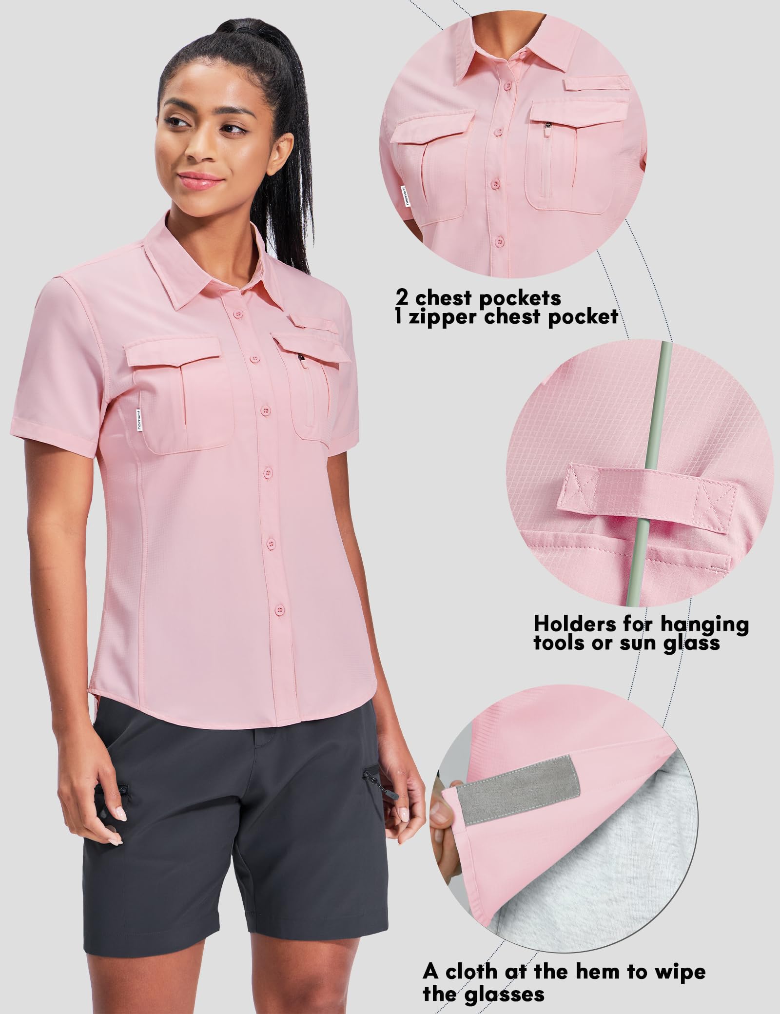 Haimont Women's Sun Protection Button Up Shirts Short Sleeve Quick Dry Cooling Fishing Hiking Shirt with Pockets Light Pink M