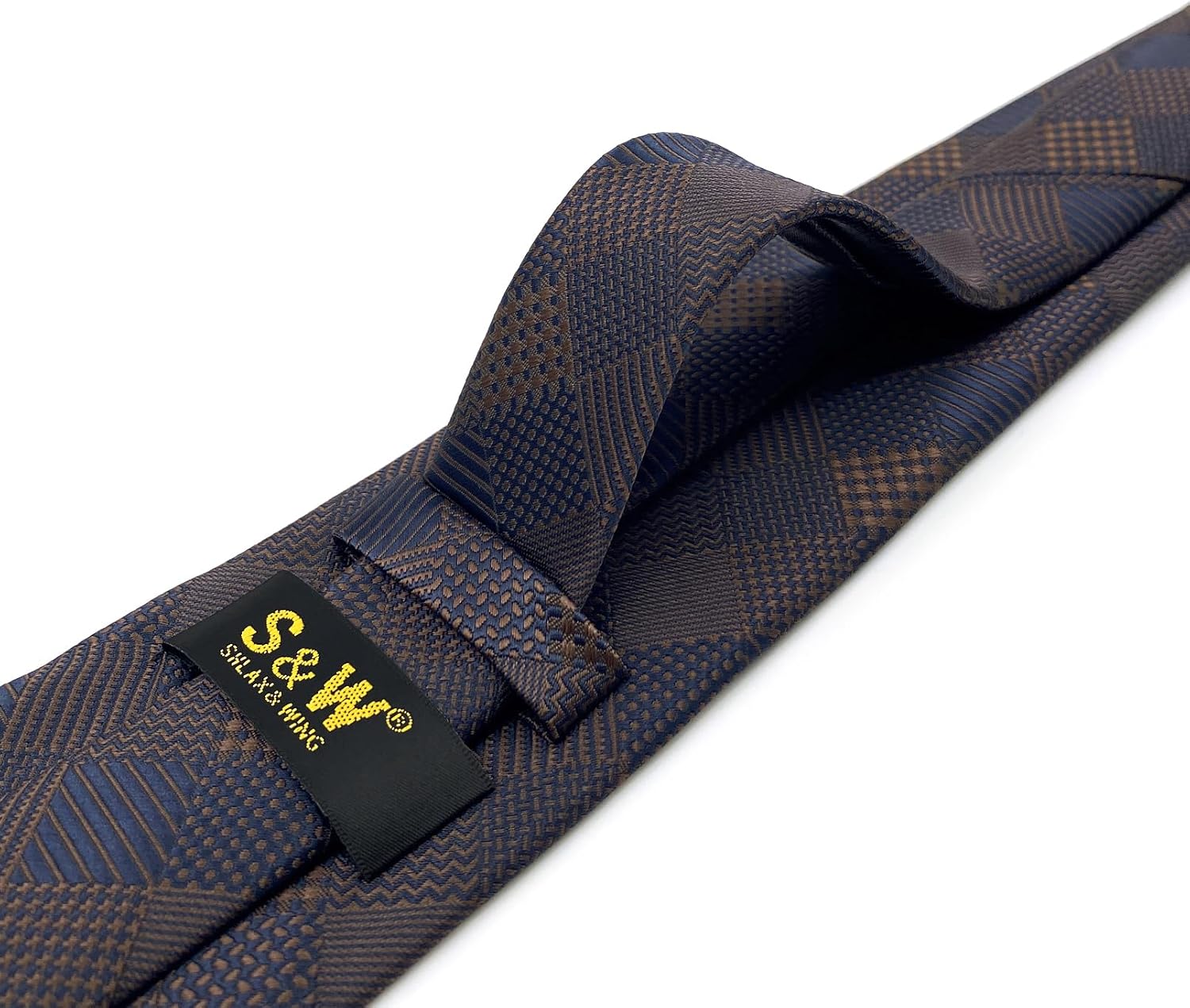 S&W SHLAX&WING Brown Blue Necktie Pocket Square Set for Men Checkered Mens Tie Combo Silky Touch