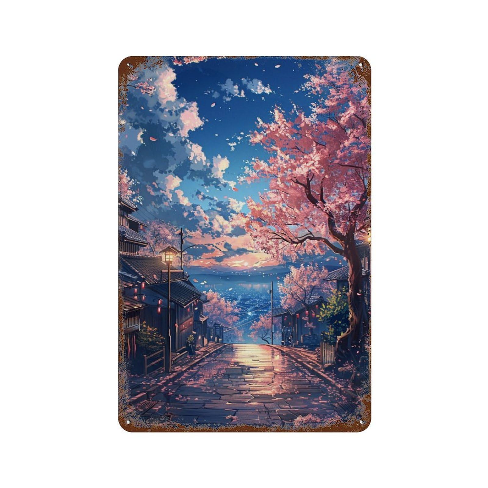Cherry Blossom Pathway Scene 11.8"x7.9" Decorative Tin Sign, Classic Wall Plaque for Patio, Garden Room And Bar Decor