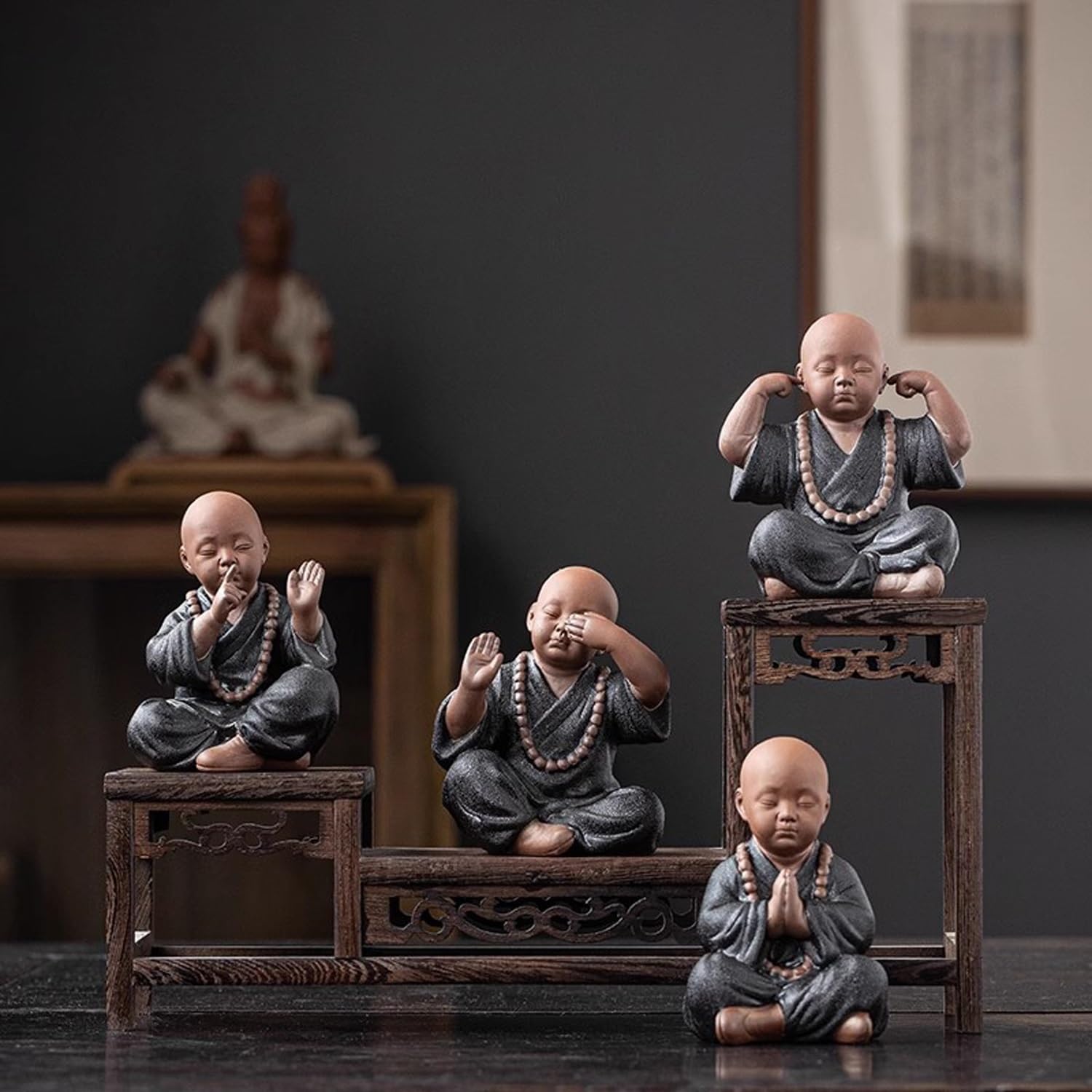 figurki zwierzątek， Zestaw 4 zabawnych figurek mnicha, ceramiczny zestaw do herbaty, akcesoria do rękodzieła, dekoracja stołu, ozdoby zen