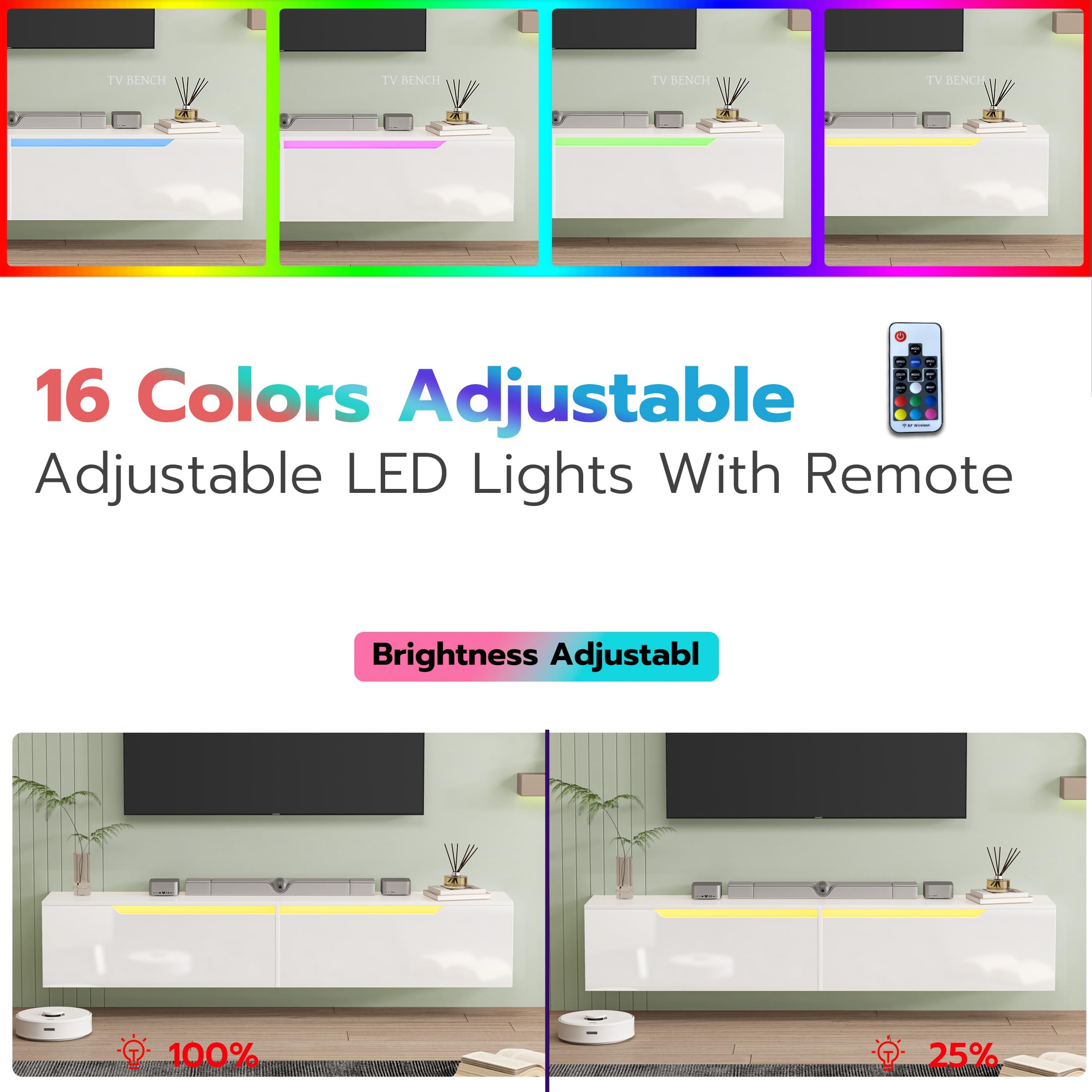 Hängender TV-Schrank mit LED-Leuchten, TV-Ständer TV-Konsole Unterhaltungszentrum mit 2 Aufbewahrungsschränken für das Wohnzimmer, 16 Farben können eingestellt Werden, 175 x 32 x 30cm (Weiß)