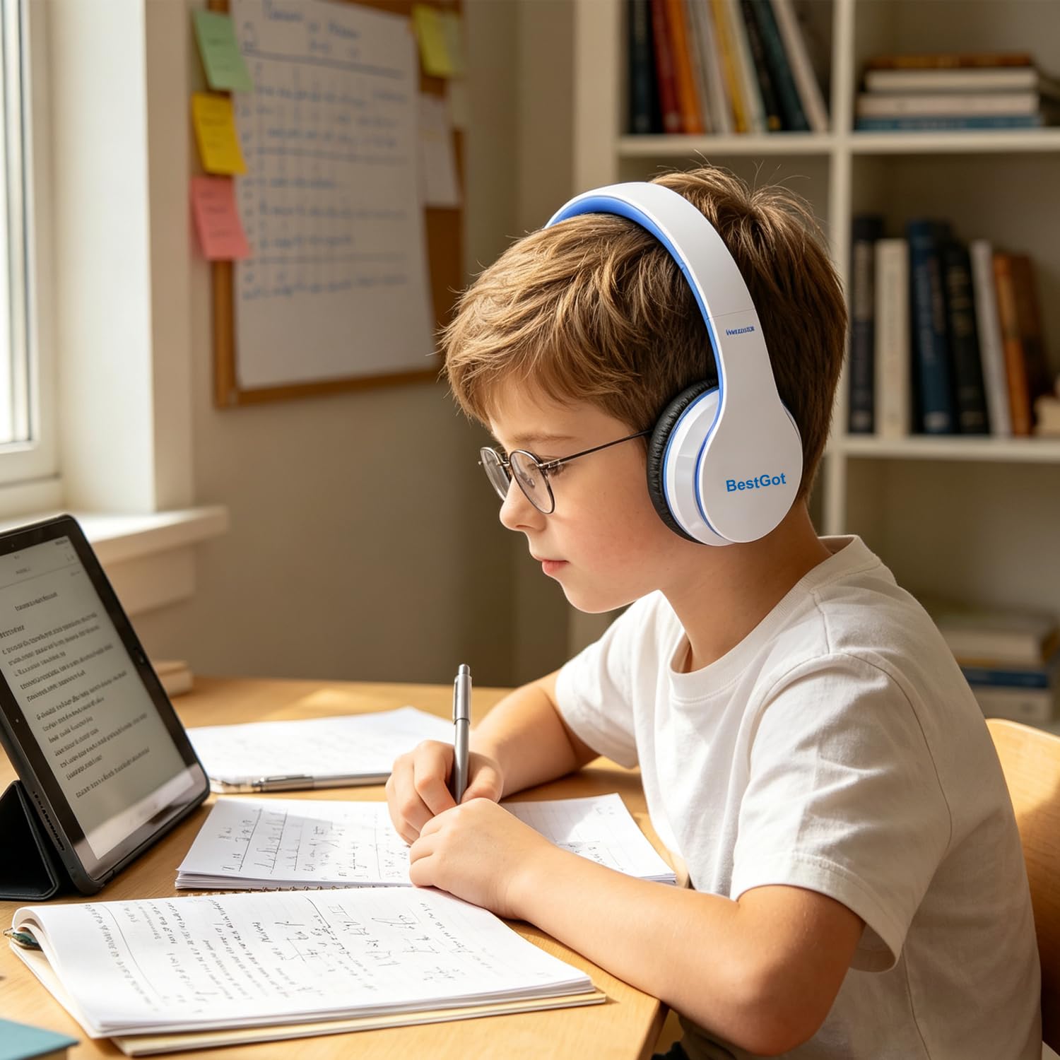BT6002 - Auriculares inalámbricos Bluetooth para niños, volumen limitado, 85/110 dB, para escuela, plegables, para 60 horas, PC, teléfono, tabletas, TV (blanco/rosa)