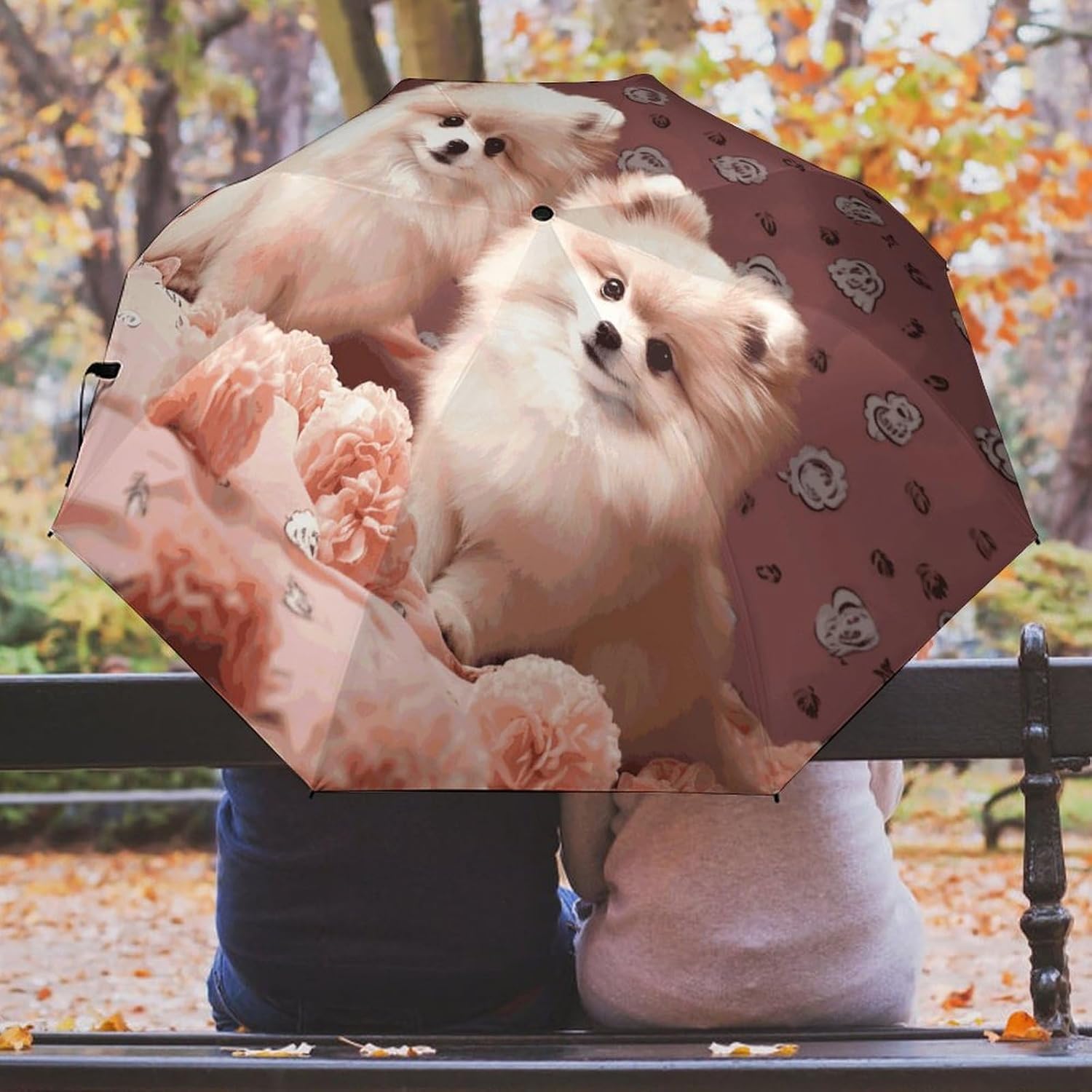 Pomeranians Puppies And Point Water Repellent Compact Umbrella，One-Click Automatic Open And Close Umbrellas，lightweight And Portable，Travel Umbrella Can Be Placed in A Briefcase, Backpack, Suitcase.
