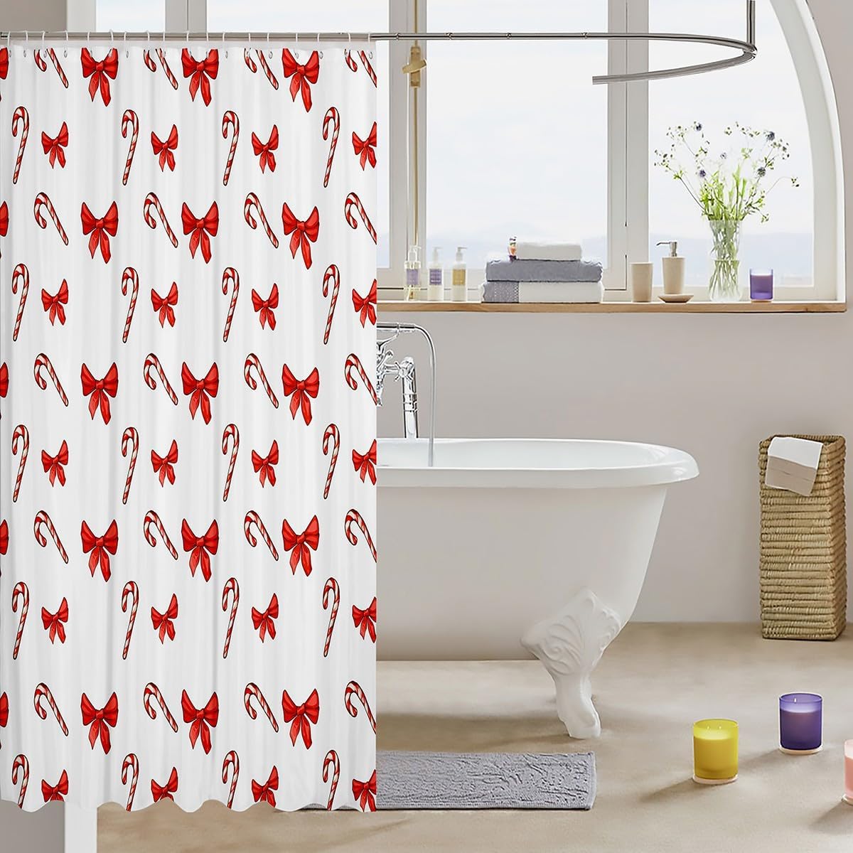 Manfei Christmas Kids Shower Curtains Red Bow Candy Cane Print Bathroom Curtains for Boys Girls Room Decor, Xmas White Waterproof Bath Curtains with 12 Hooks Suits for Bathtub, 72" W x 72" L image 3