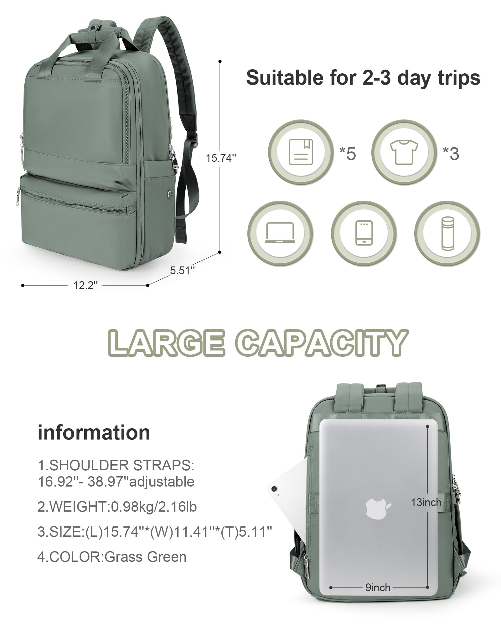 Bergsalz Zaino Donna Uomo Ryanair 40x20x25 Da Viaggio Impermeabile Bagaglio a Mano Università Casual Per Laptop Da 14 Pollici Verde Militare