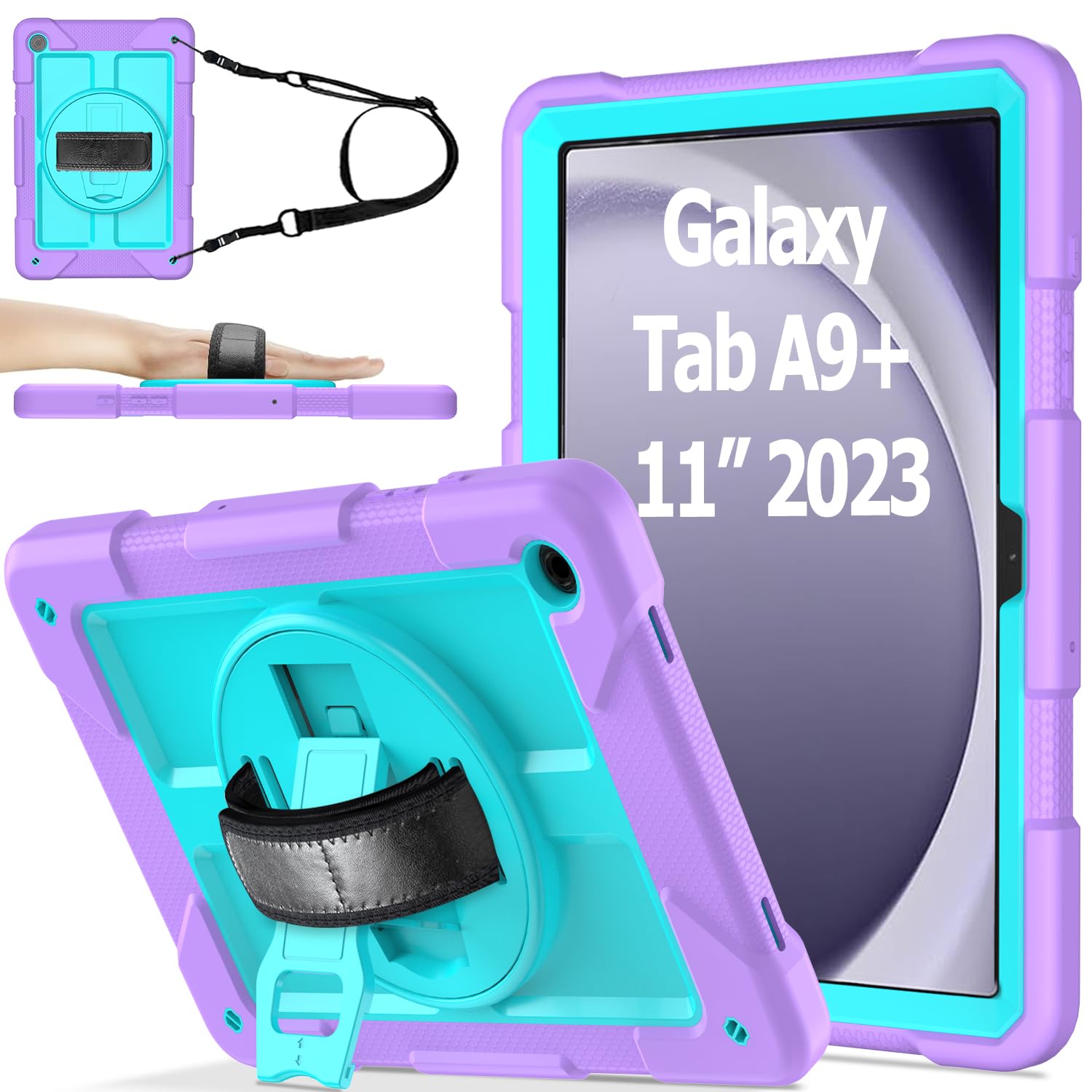AVAWO Case for Samsung Galaxy A9+ Plus 11 inch 2023 with 360° Swivel Handle Strap Cover with Lanyard, Teal+Purple