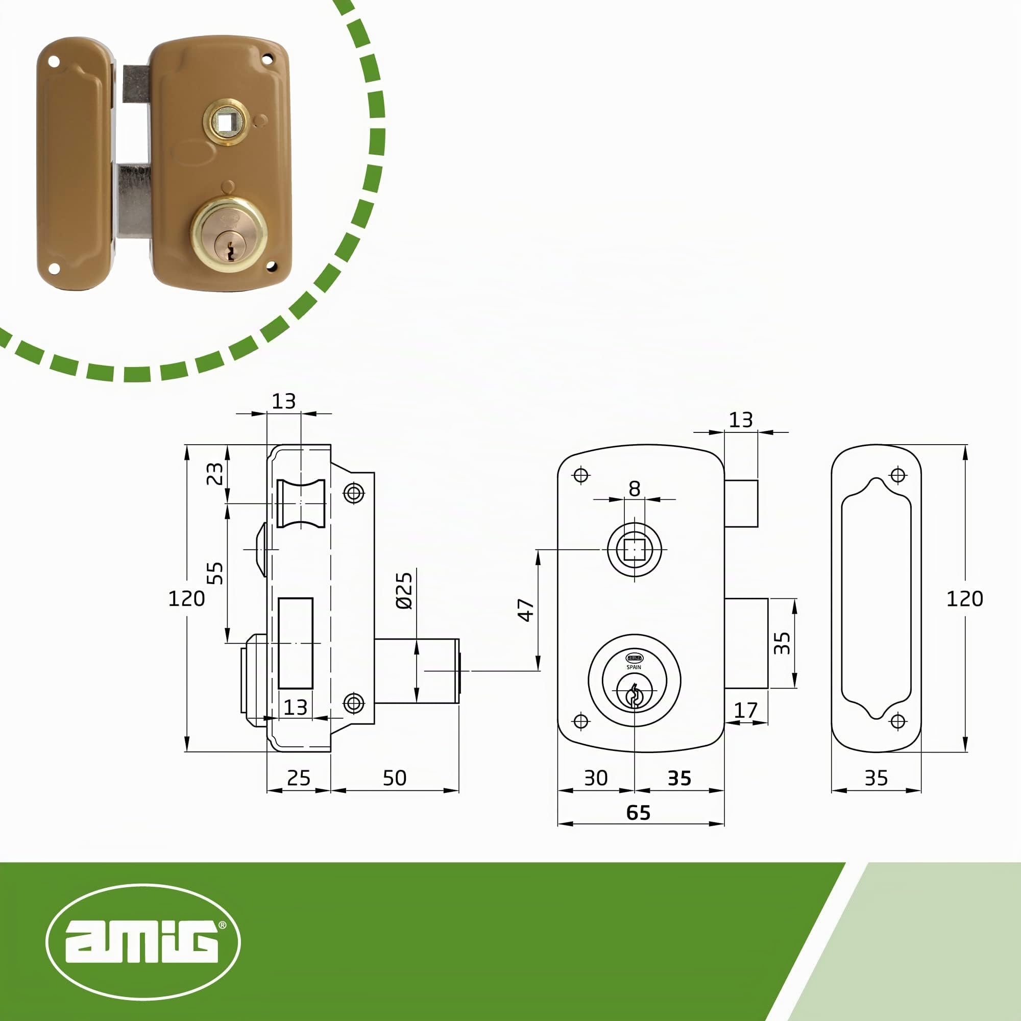Amig - Serratura da sovrapposizione a sinistra con leva di chiusura, linguetta e maniglia per porte in legno mod. 75UN 66 x 120 mm Cilindro rotondo di sicurezza in acciaio dorato