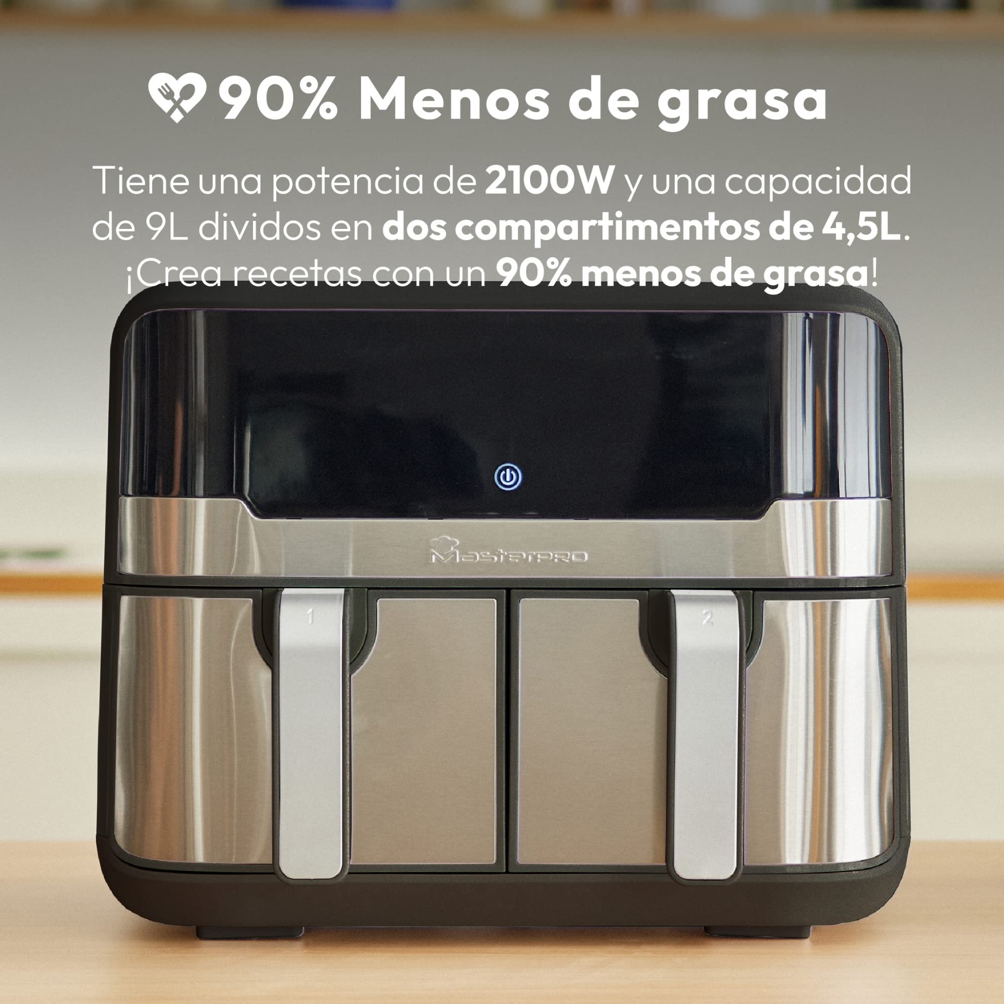 MasterPro Rocket Duo 900 | Friggitrice Senza Olio Doppia | Nero | Capacità da 9 L e 2100 W di Potenza | Schermo LED Touch e Cestello Antiaderente | Friggitrice ad Aria | 11 Funzioni Diverse in 1