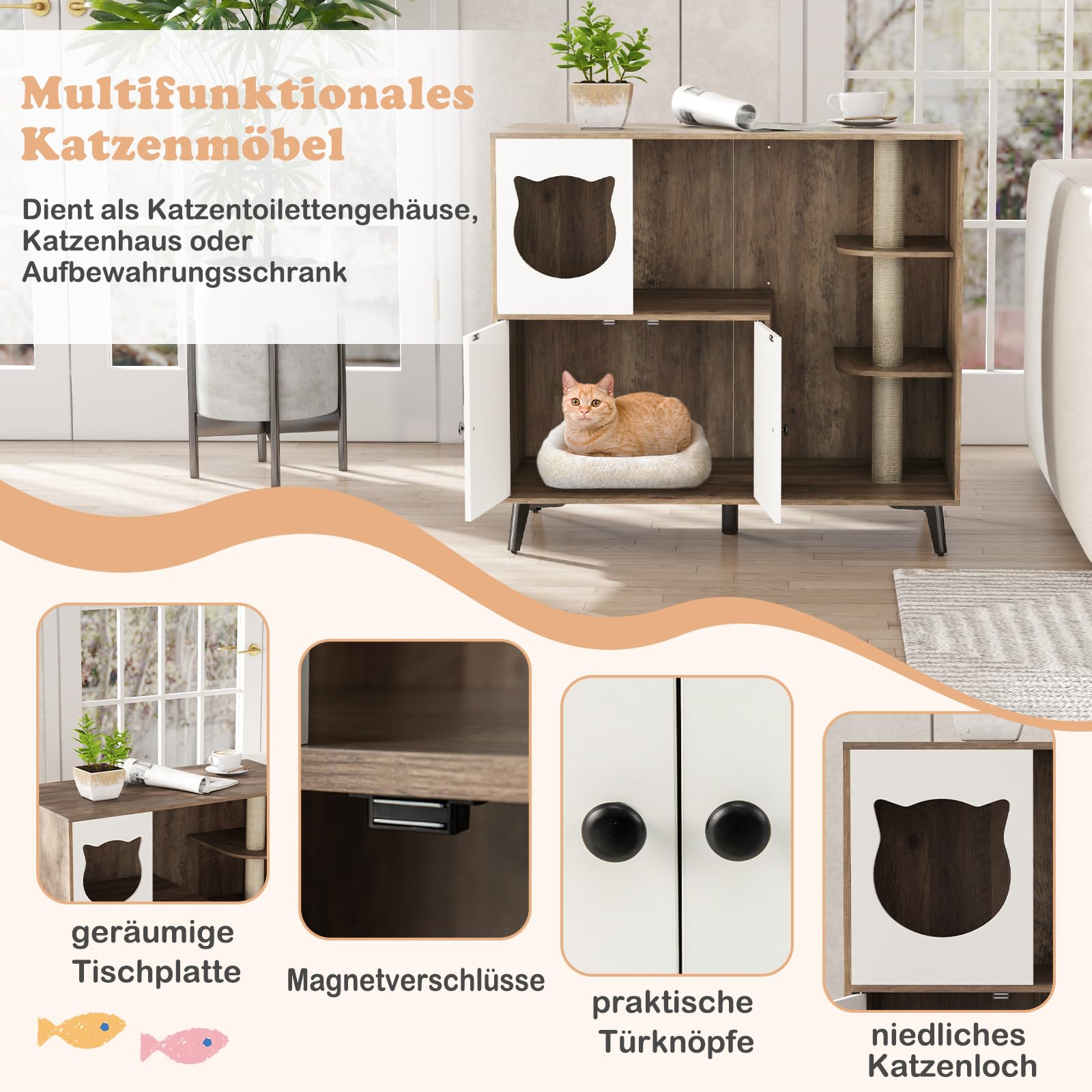 COSTWAY Katzenklo Schrank mit Kratzbaum, Katzenschrank für Katzentoilette mit Katzenhaus, Eingang, 2 Türen, Sisalstamm & Metallbeinen, Katzenmöbel Katzen, 100 x 50,5 x 91 cm, Grau