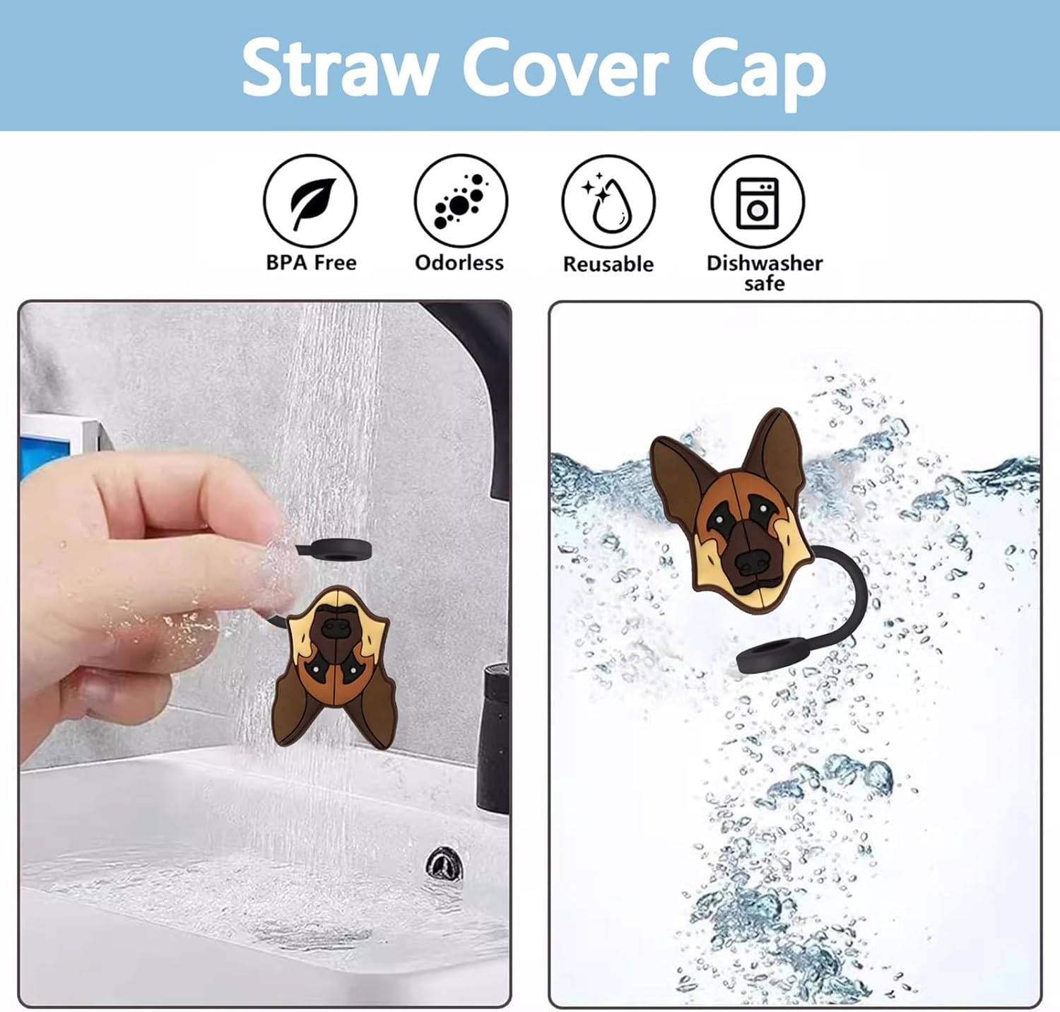 German Shepherd Straw Toppers For Stanley Cups;Straw Covers Cap Toppers Compatible With Stanley 30&40 Oz Tumbler, Reusable & Silicone Tumbler Straws Topper For 0.4 Inch/10 Mm Tips 4 Pcs (Brown) - Image 3