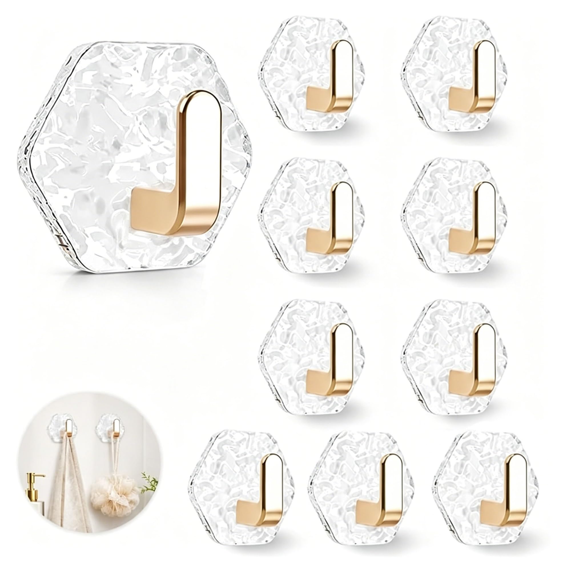 sloiaz Glacier Water Ripple Hexagonal Adhesive Hooks, No Drill Heavy Duty Waterproof Wall Hooks for Bathroom Kitchen Towels Keys Storage(Gold,10pcs)