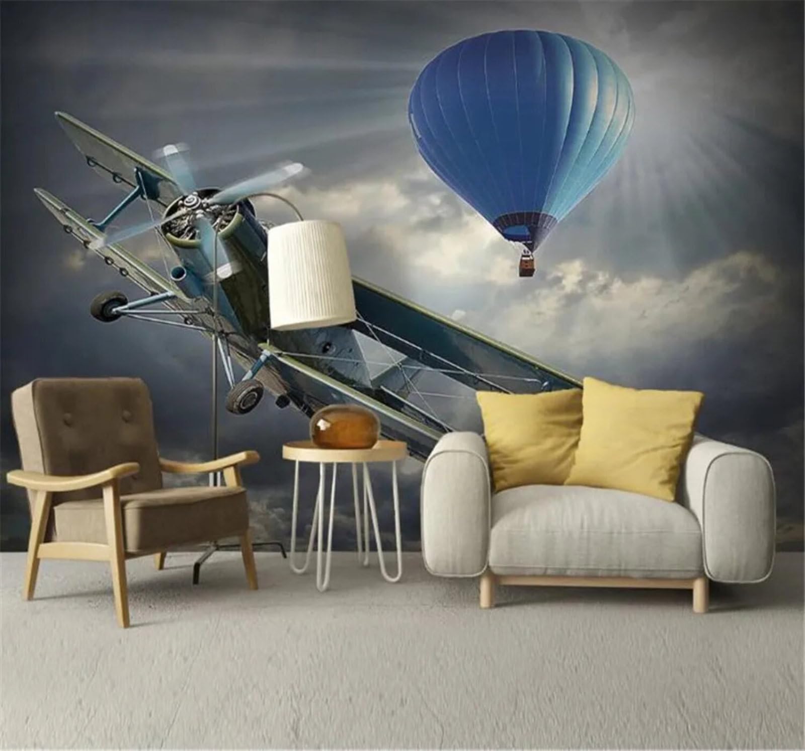 Tzxztt Minimalist Three Dimensional Hot Air Balloon Aeroplane Sky Modern 3D Wallpaper Premium Textured Silk Neutral Tones Material Ideal for Living Room Bedroom-430cm×300cm