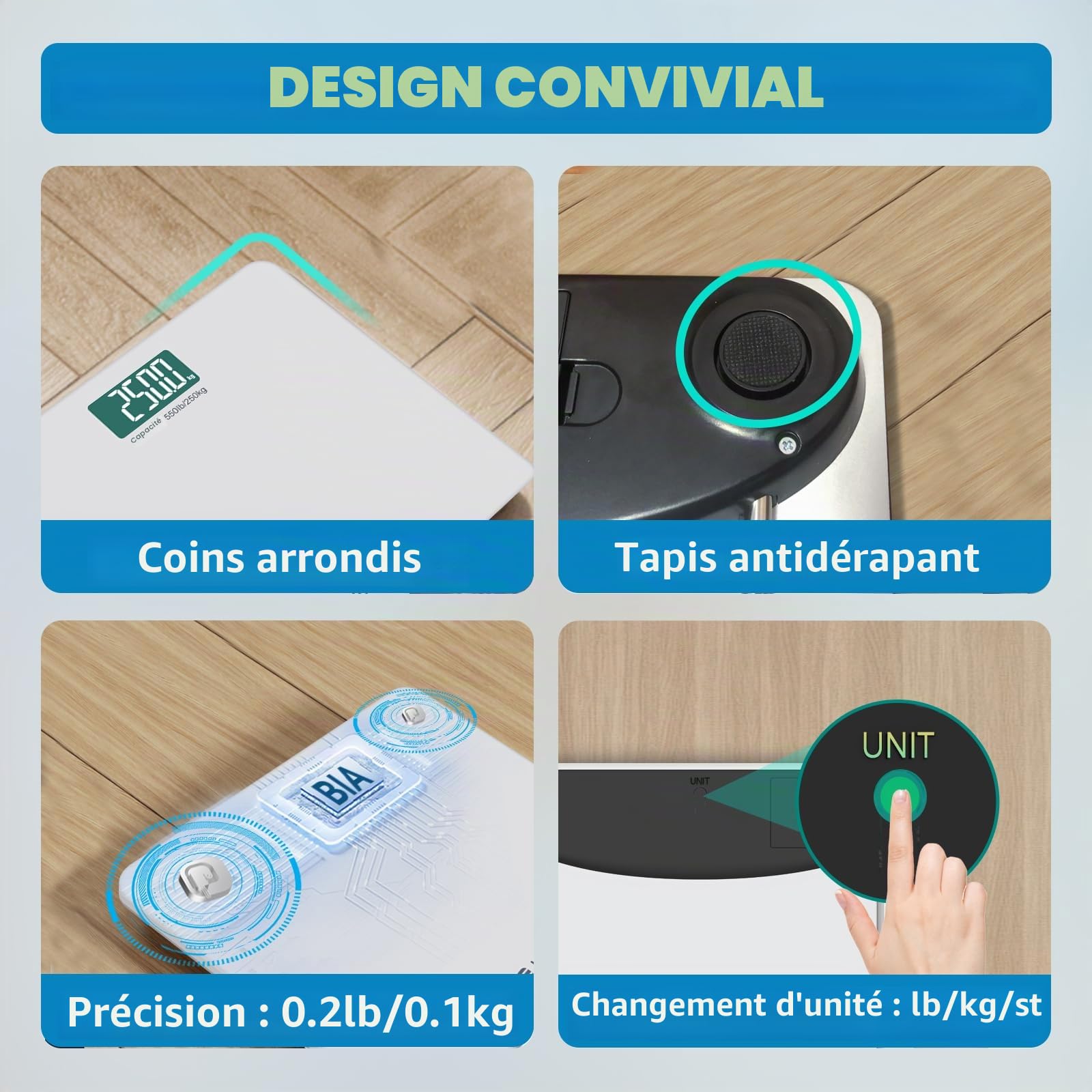 Lepulse S5 Pèse-personne numérique 250 kg avec poids et IMC, pèse-personne intelligent avec synchronisation de l'application via Bluetooth
