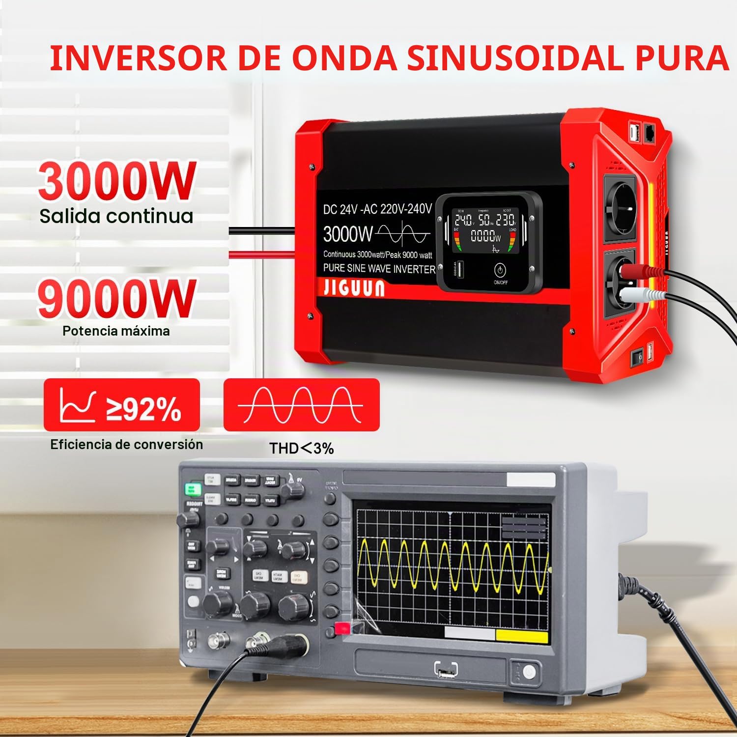 JIGUUN 3000W/9000W Inversor 24V 220V Onda Pura Convertidor Inverter con 2 Tomas EU y 3 Puertos USB y Tycp-C, Adecuado para Autocaravana, Camiones, Camping, Sistemas Fuera de la Red y más (3000W24V)