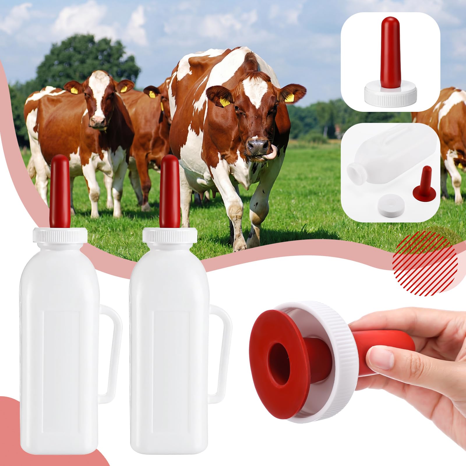 3 juegos de biberones para terneros con tetinas de silicona de repuesto, olla de alimentación de leche duradera con asa para pantorrillas, suministros de lactancia para ganado (2 L)