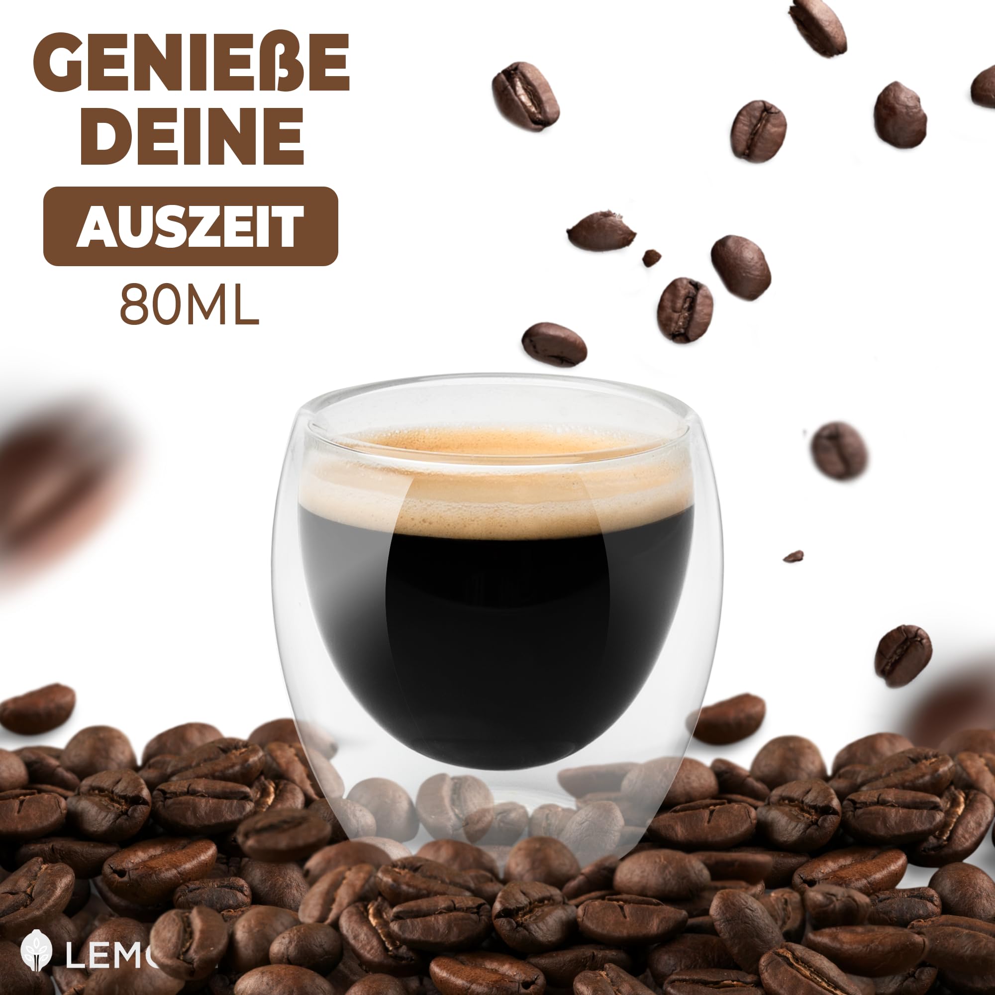 Lemontree Lot De 4 Tasses à Expresso 80 Ml Double Paroi Avec Anse - Verres Borosilicate Café, Thé, Cappuccino Résistants à La Chaleur