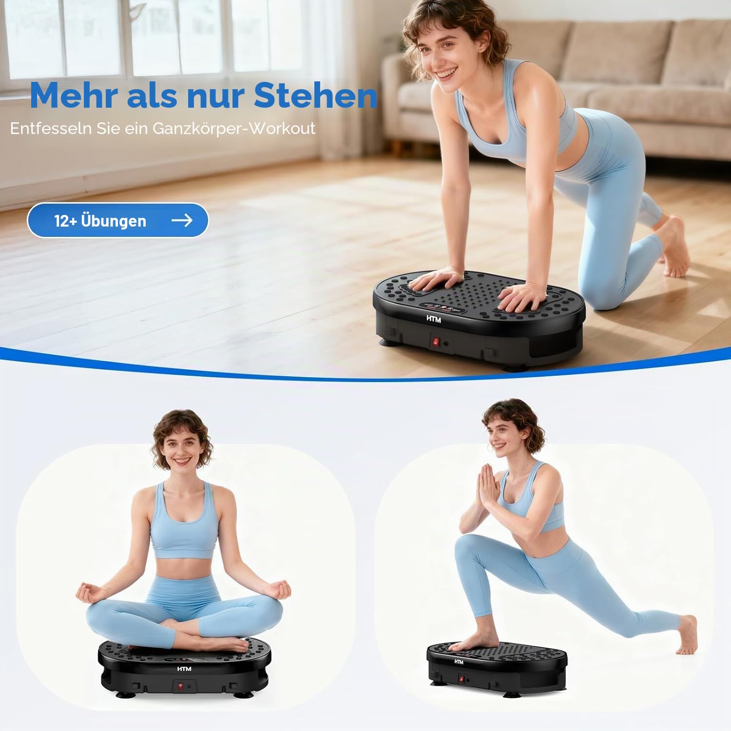 HTM Vibrationsplatte Trainingsgerät mit Fernbedienung, 120 Geschwindigkeitsstufen, 9 Programmmodi und 15 Minuten Timer, Maximale Belastbarkeit 136 kg , Rüttelplatte Sport für Ganzkörpertraining