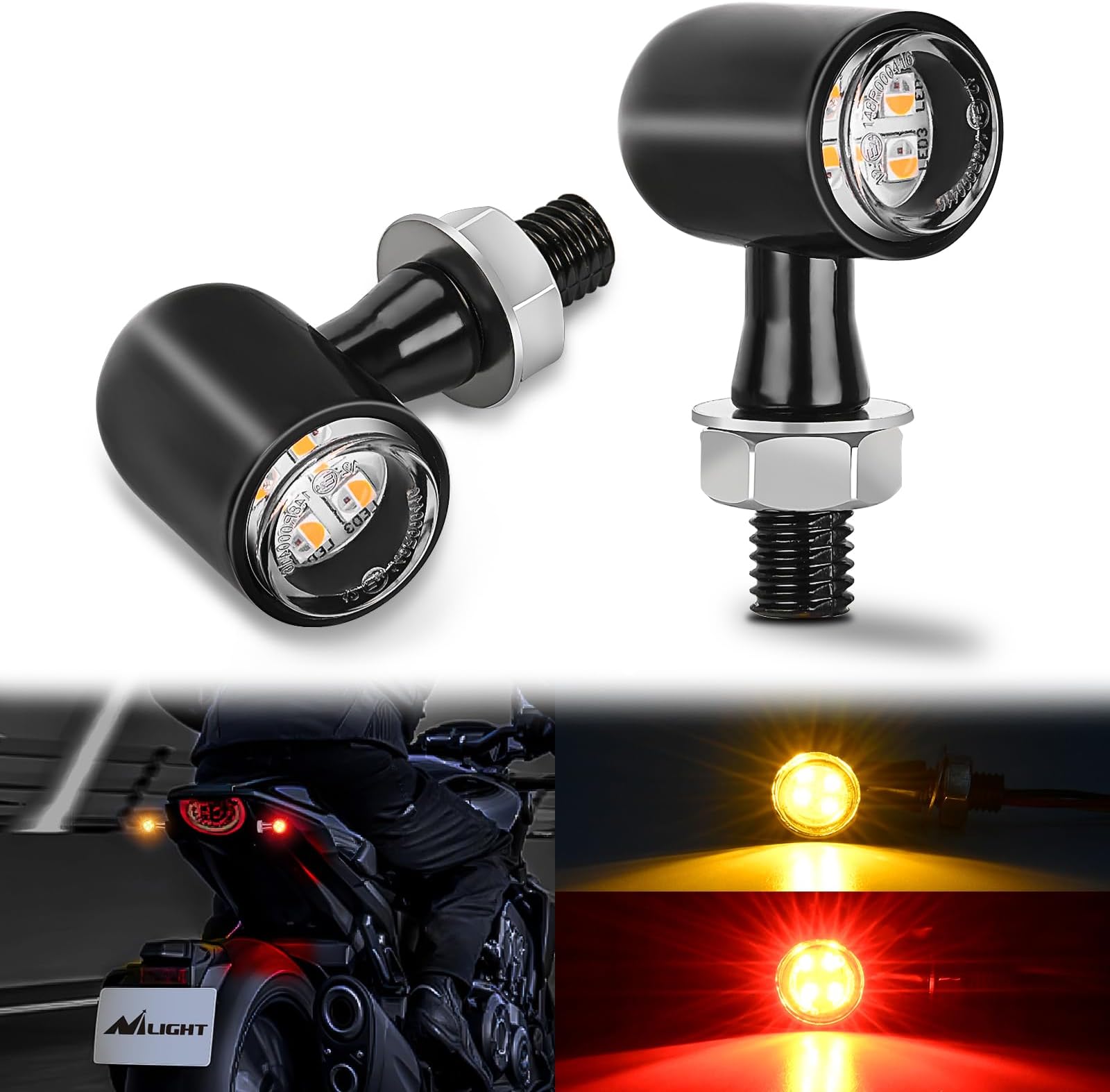 Nilight Motorcycle Rear LED Turn Signals Brake Tail Light Red Yellow Beam Mini Size Blinkers Compatible with Harley Honda Kawasaki Suzuki Triumph Yamaha Cruiser
