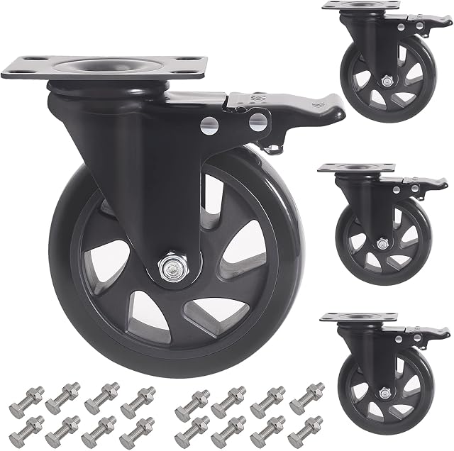 RRIUTO 125MM Heavy Duty Caster Wheels , Furniture Caster Bearing 800KG Swivel Castors Wheels for Furniture Rubber Swivel Trolley Castor with Brake (include 16pcs screws)