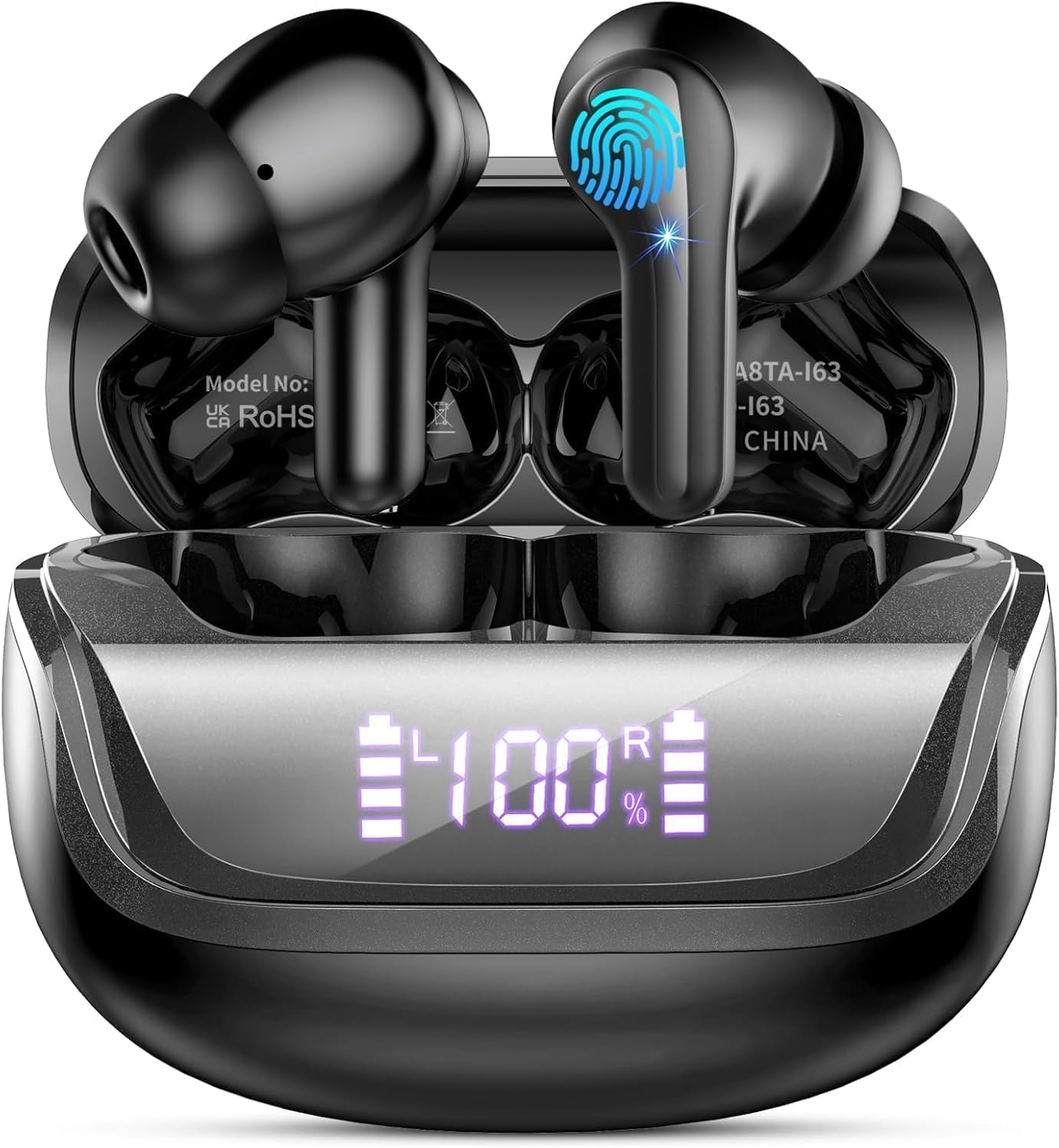 Wireless Earbuds, Bluetooth 5.4 Headphones with ENC Noise Canceling Mics, in-Ear Earphones Deep Bass Stereo, 45H Playtime Ear Buds Dual LED Display, IP7 Waterproof Wireless Headphones for Android iOS Dark Black