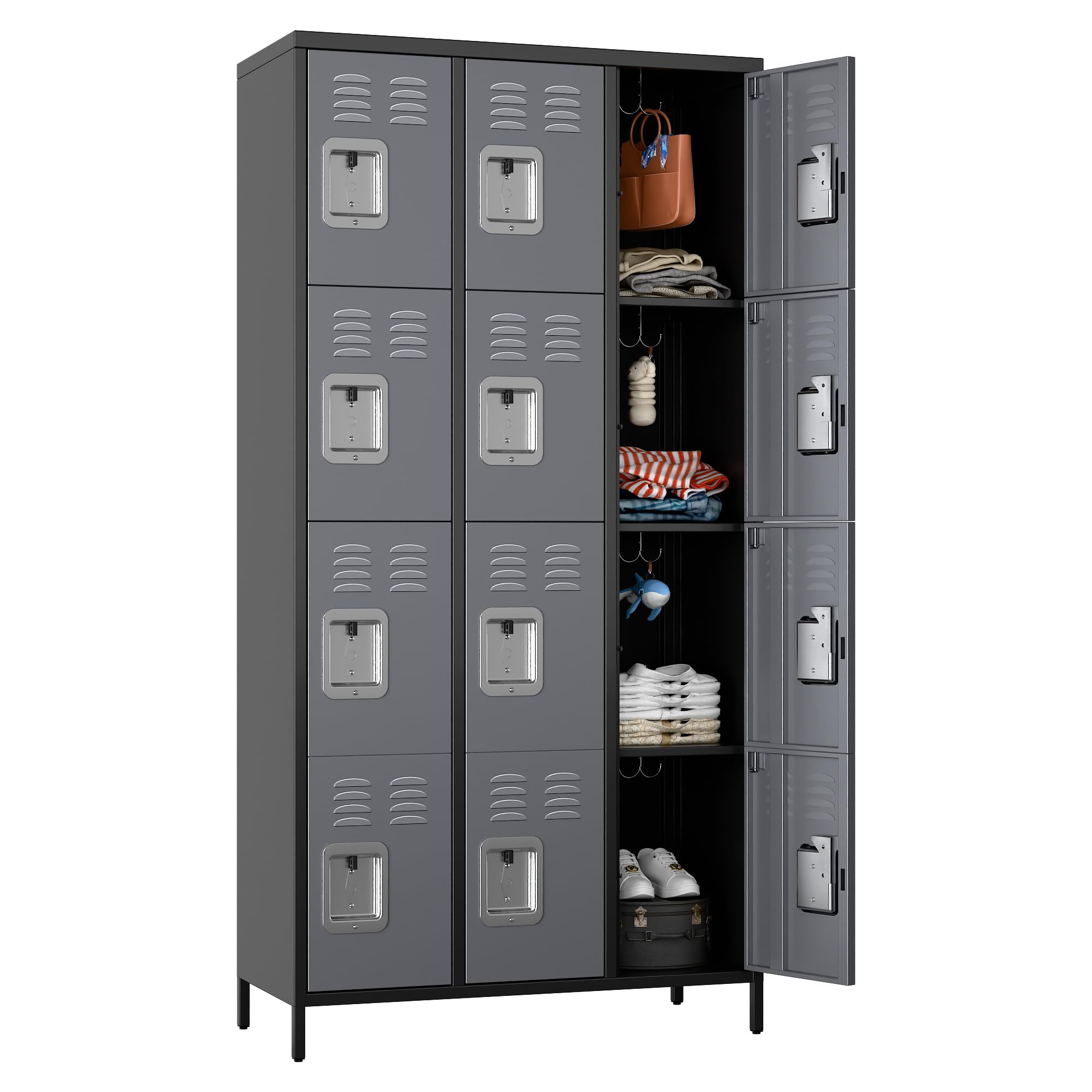 72" H Steel Office Locker for Employees,12 Doors Metal Storage Locker for Home, Office, School, Gym,Required Assembly,Black and Dark Grey