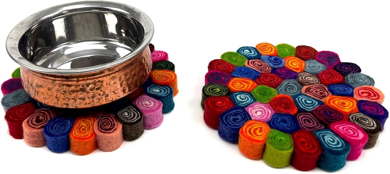 Handmade Trivet, Felt CandyCut Trivet, Potholders, Trivets, 100% Wool, Felt, Hot Pot Holders (Set of 2) Hot Pads, Durable, Heat Resistant Mat, Mats, Round Trivet (Multi)