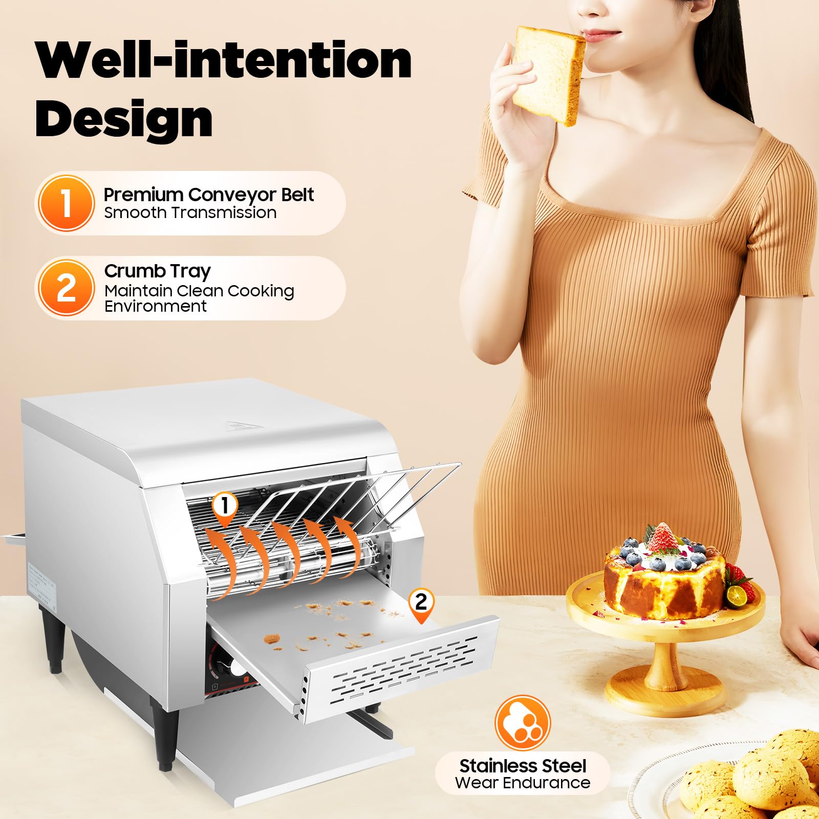 LyeXD Commercial Conveyor Toaster 300 Slices/Hour, 2200W Electric Baking Machine Heavy Duty Stainless Steel Restaurant Conveyor Toaster Oven with 7 Speed Adjustable for Bagel Bread Bakery