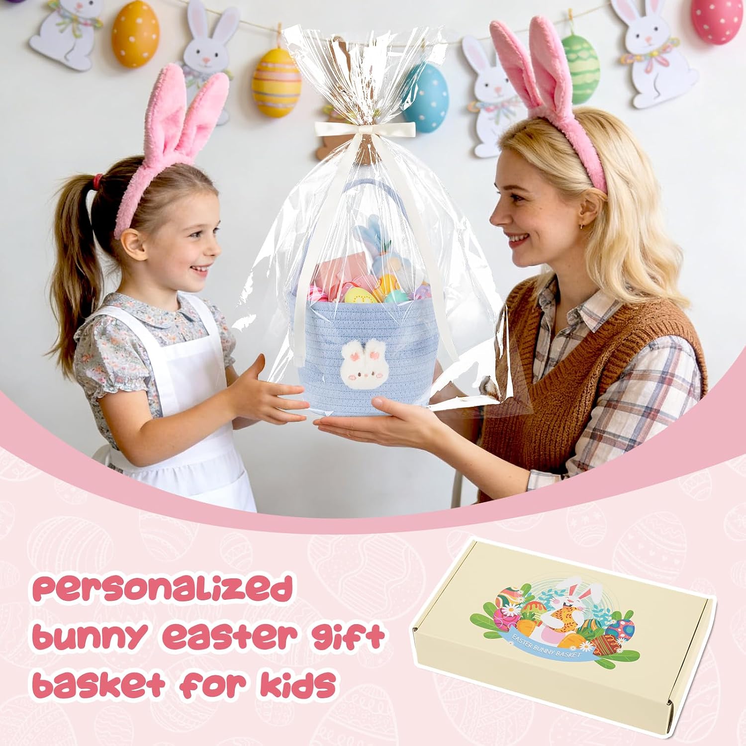 OIAHOMY Gift Basket with Handle, Personalized Baby Basket for Kids, Woven Rope Gift Empty for Toys, Baby Treasure Hunt Baskets with Wooden Card for Boys and Girls - Blue