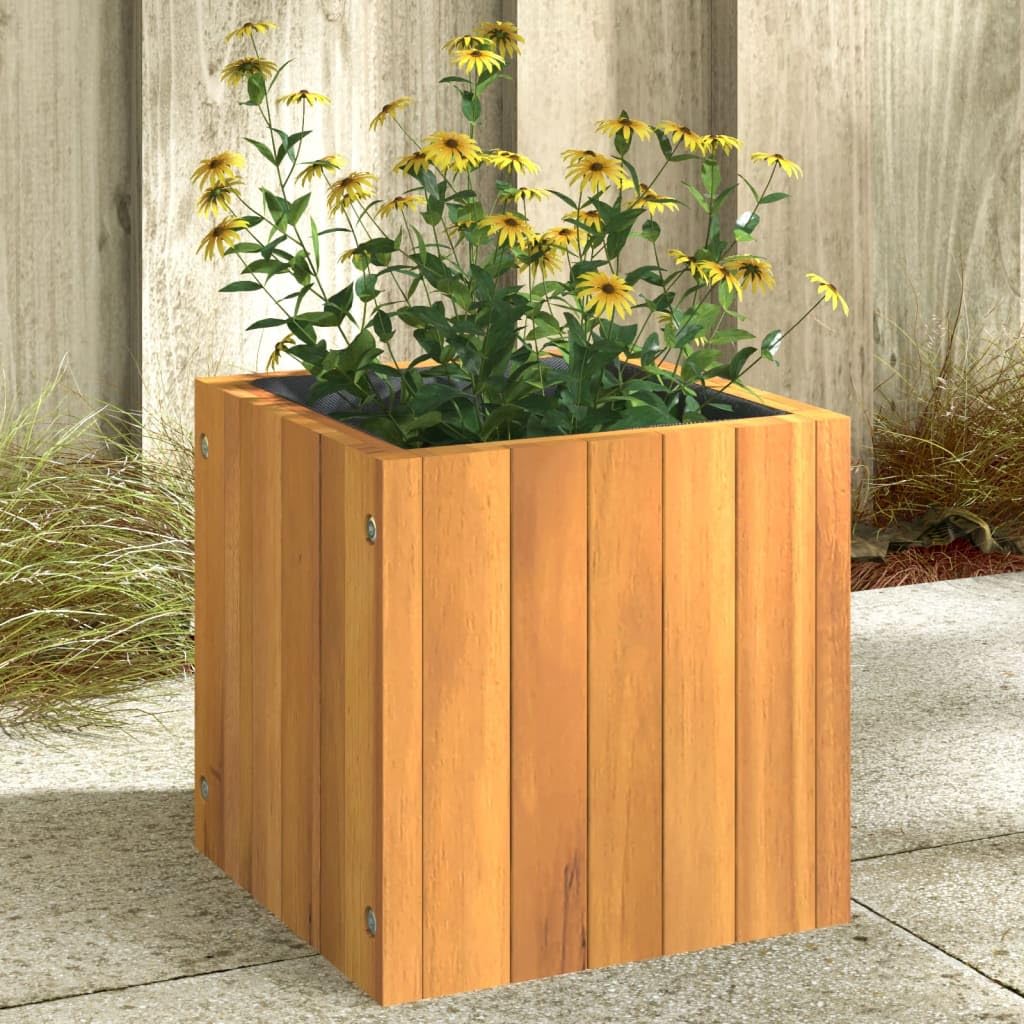 Macetero cuadrado de 25 x 25 x 25 cm, de madera maciza de acacia, con bolsa de fieltro para plantas de interior, hierbas y flores, para salón y oficina