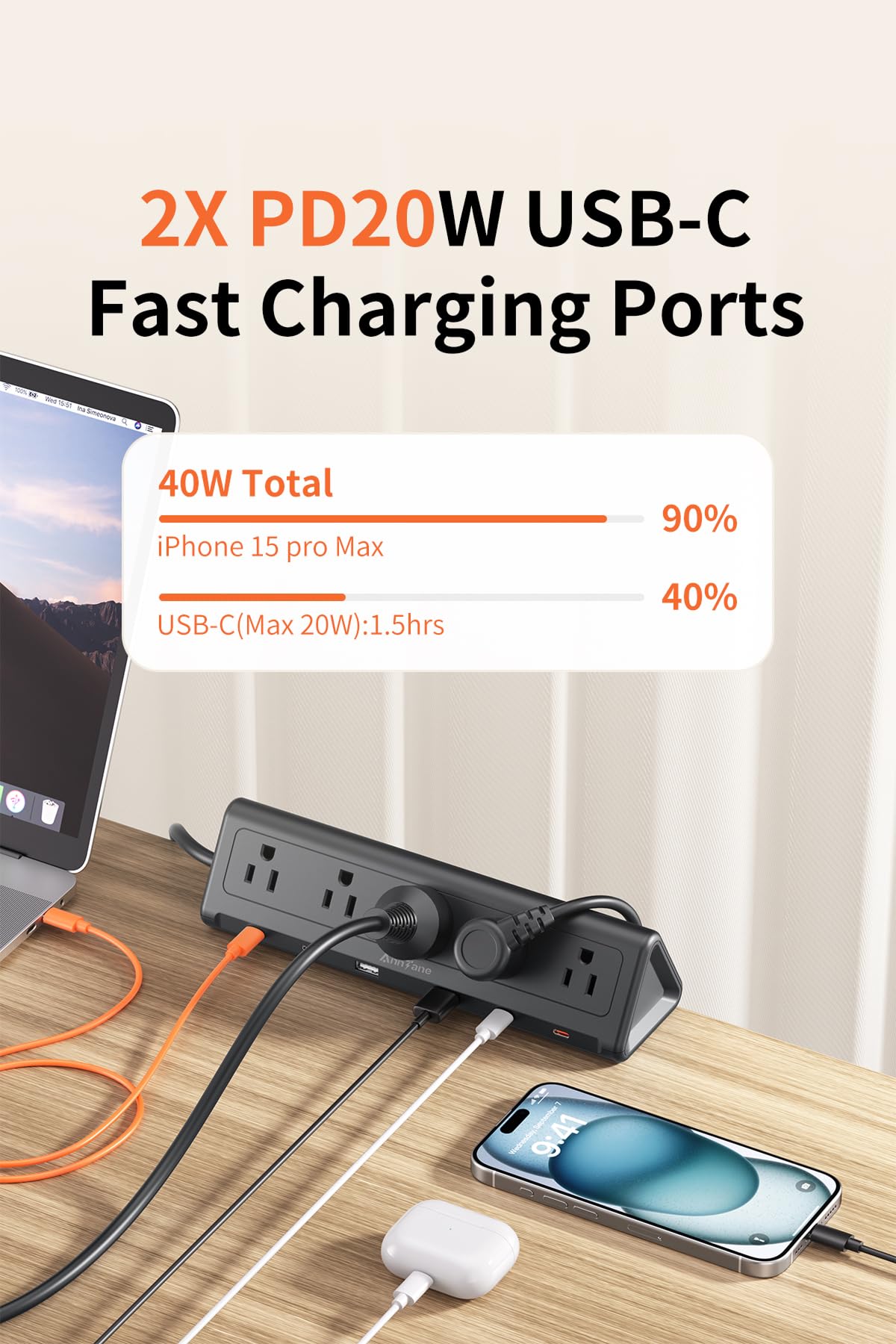 Regleta de alimentación de abrazadera para computadora de 10 pies con 5 salidas de CA y 6 puertos USB PD de 40 W USB-C de carga rápida, protector de sobretensiones 1250J se adapta a 2.6 borde superior