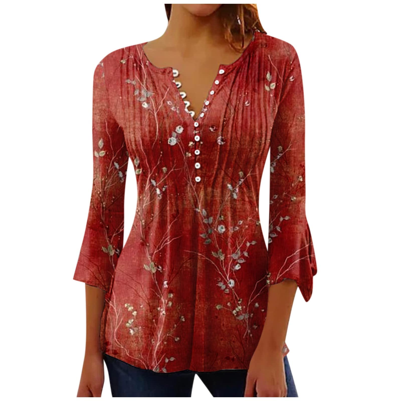 Women's T Shirt Floral Print V Neck Button Down Tops Bell 3/4 Sleeve Dressy Tunic Casual Relaxed Fit Blouses