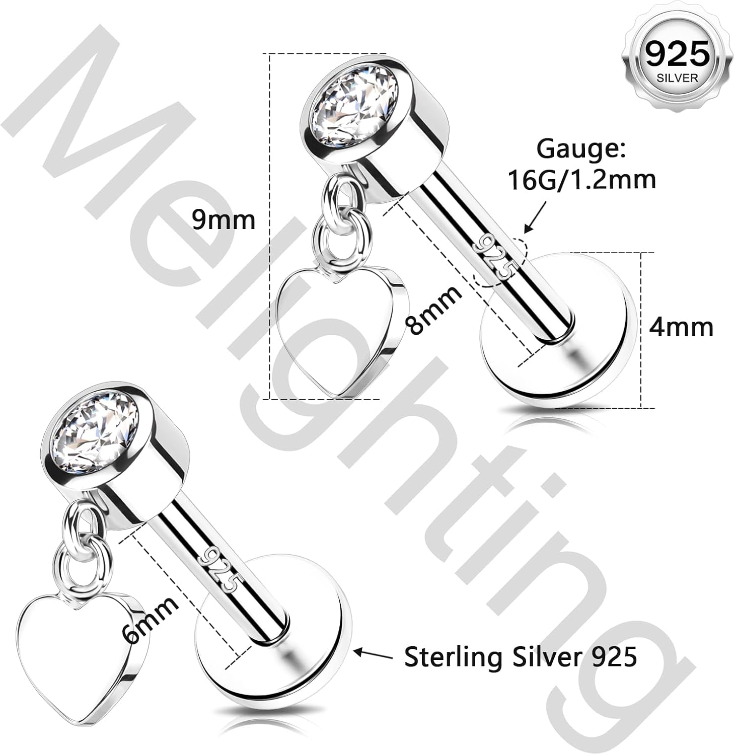Melighting 16G Sterling Silver 925 Tragus Piercing Jewelry Internally Threaded Teardrop Flat Back Earring Clear CZ Lip Labret Cartilage Helix Stud for Women 6/8 mm - Image 5