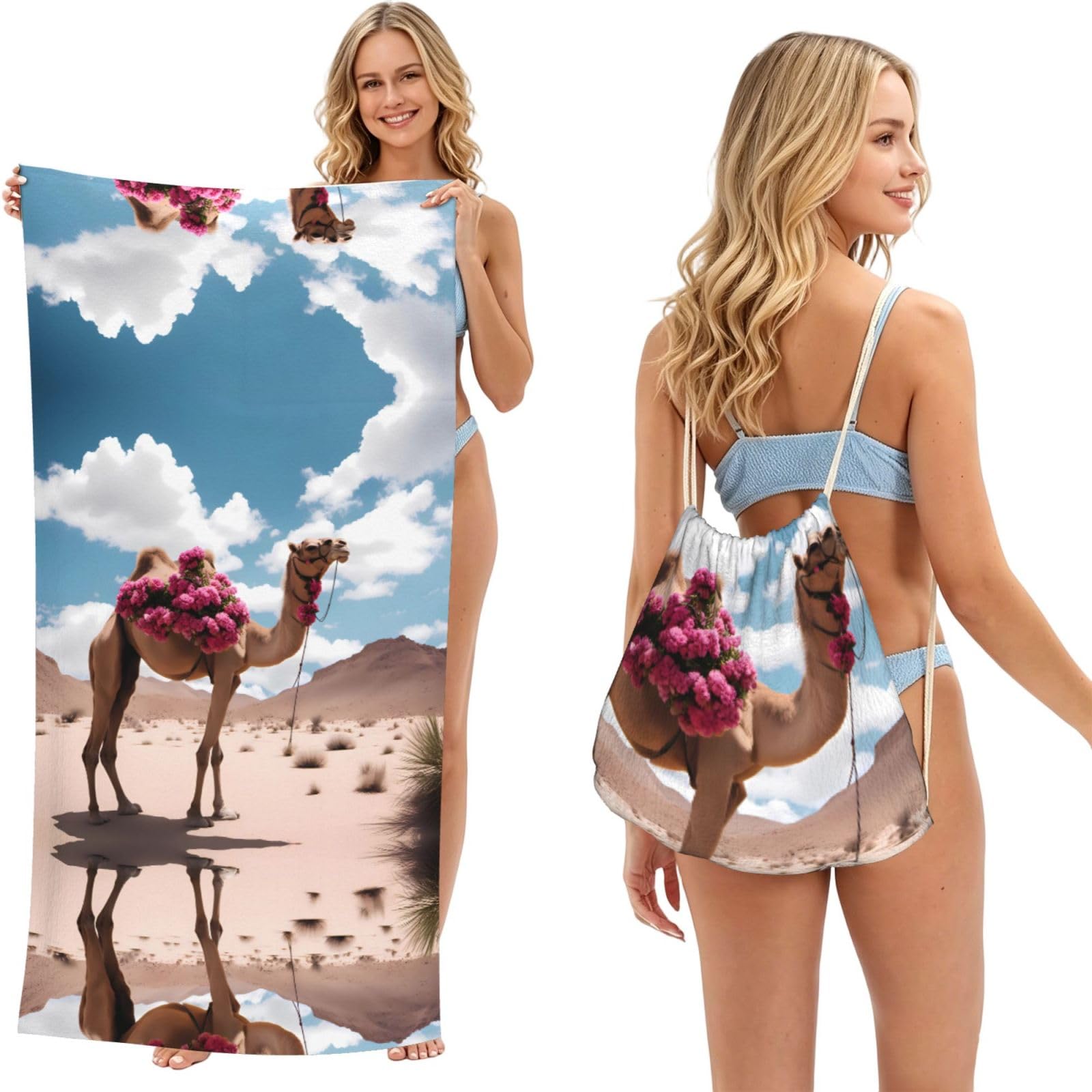 SXZVVBN beautiful camel 2-in-1 Beach Towel Bag, Quick Dry Sand Free Travel Towel Backpack for Adults