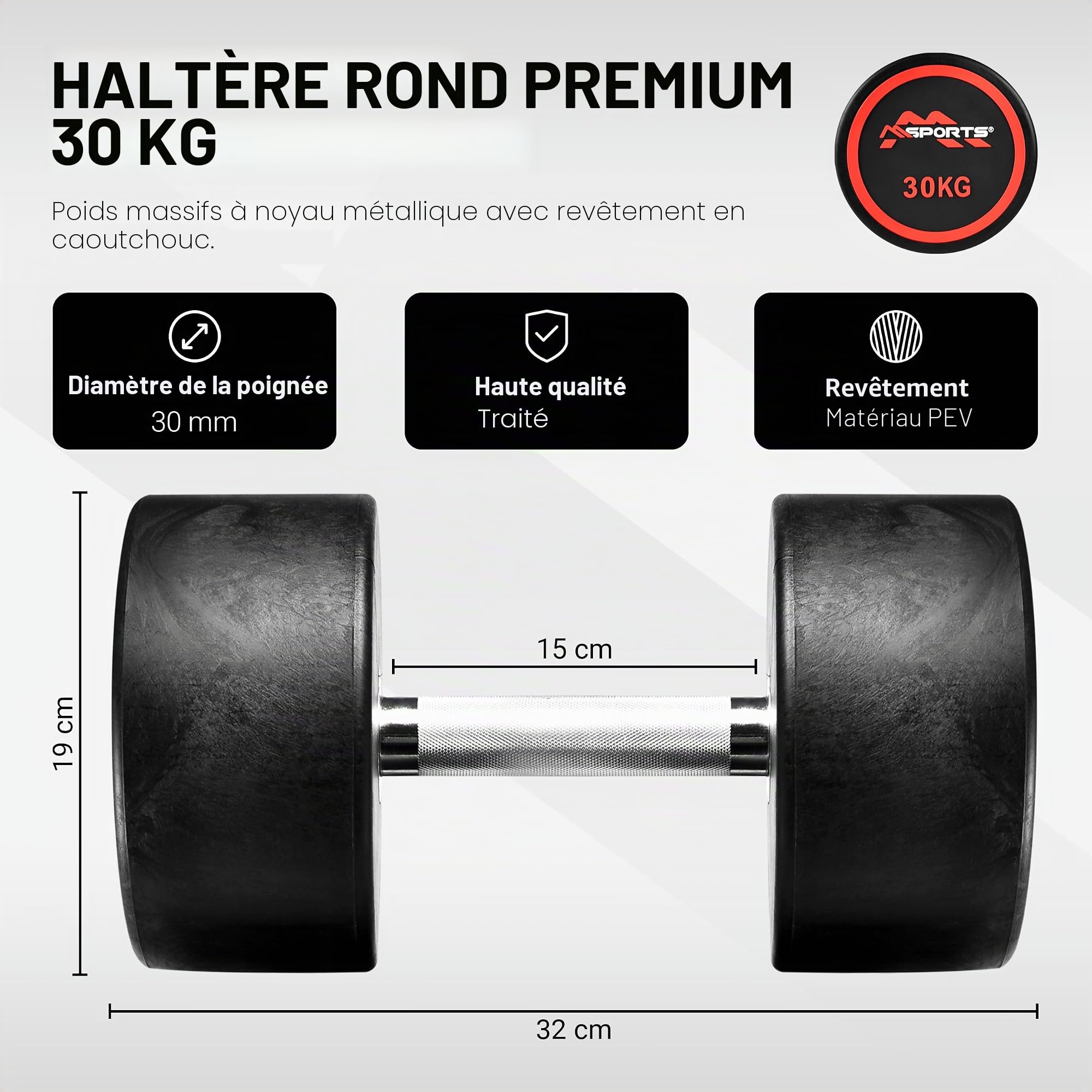 Lot de 2 haltères ronds, de qualité supérieure, avec revêtement en caoutchouc, 2,5 à 50 kg, poignée chromée et moletée, différentes variantes de poids