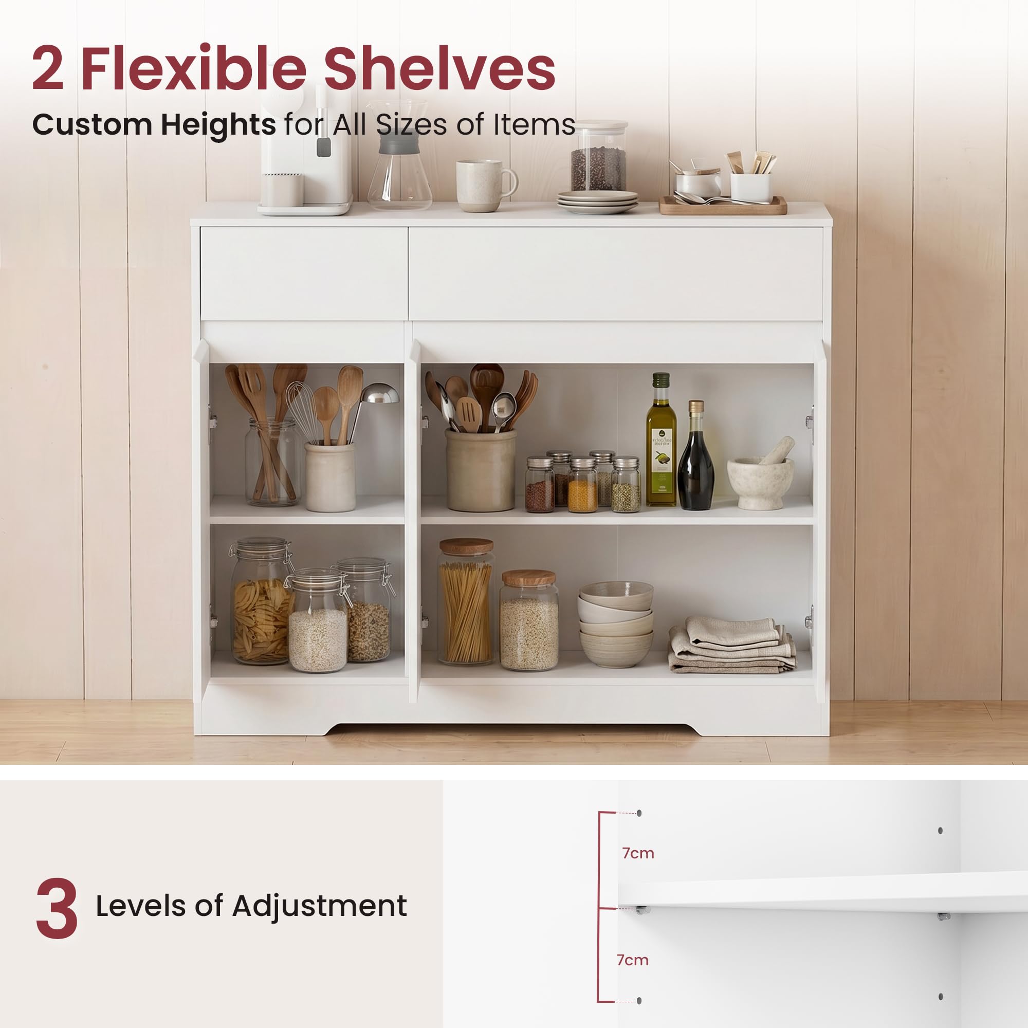 YOUDENOVA Sideboard 100 cm with 2 drawers, 3 doors and shelves, white | Adjustable Shelves, Large Storage for Dishes and Utensils, Ideal for Kitchen, Dining Room or Living Room