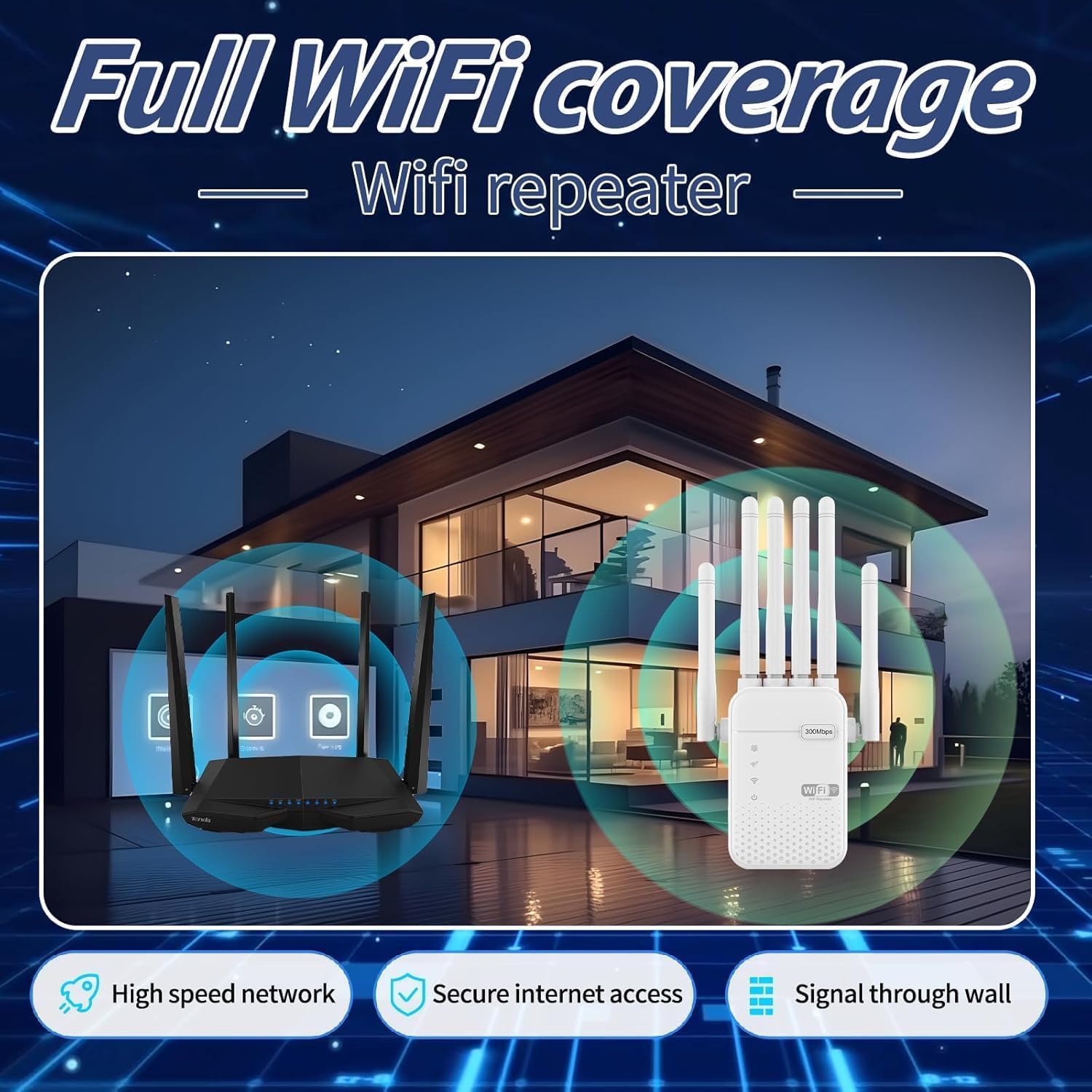 Répéteur WiFi Puissant, Amplificateur WiFi de dernière Technologie,6 Antennes,Couvrant Une Superficie de 9800m²,2 Ports LAN,Répéteur WiFi pour la Maison et Le Bureau-R08
