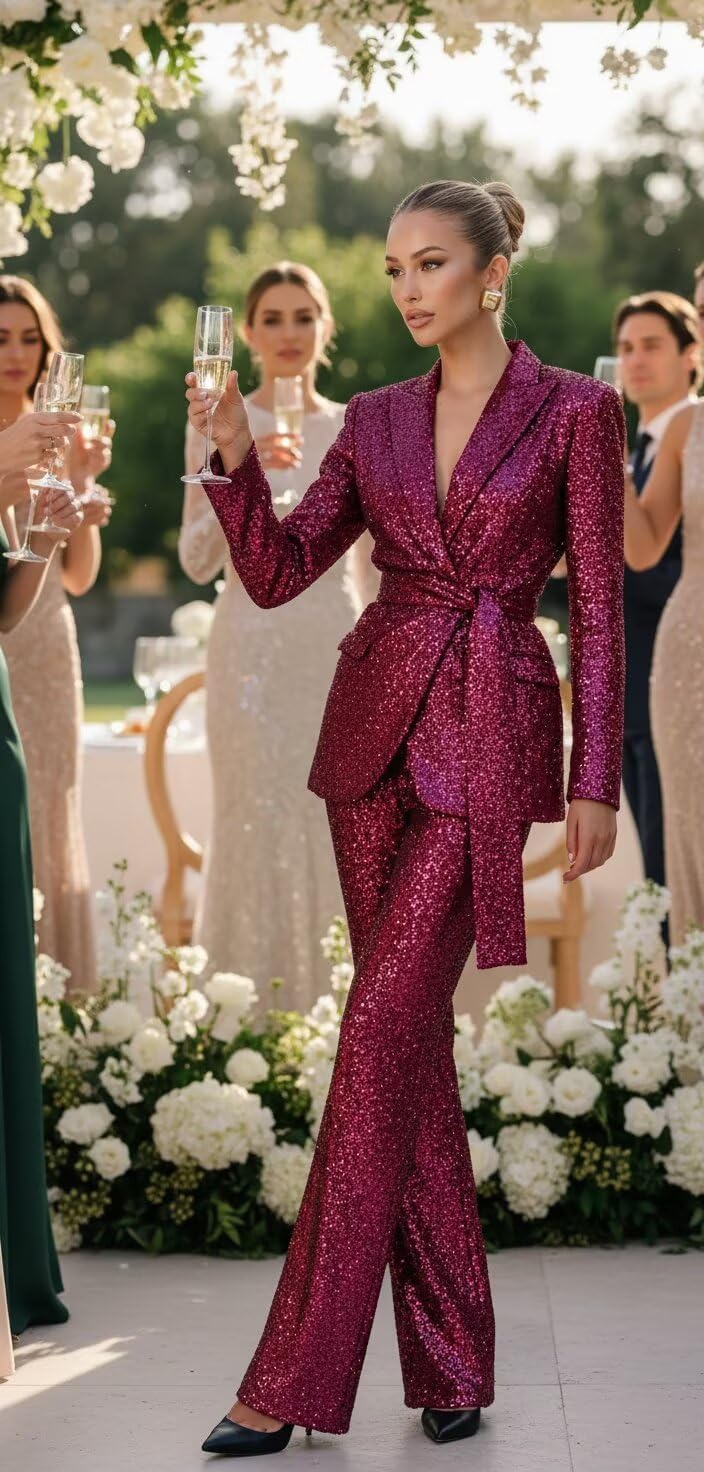 Sequin Suits for Women 2 Piece Womens Suit with Belt Glitter Sparkly V Neck Womens Tuxedo Suit Set for Party Prom - Image 2