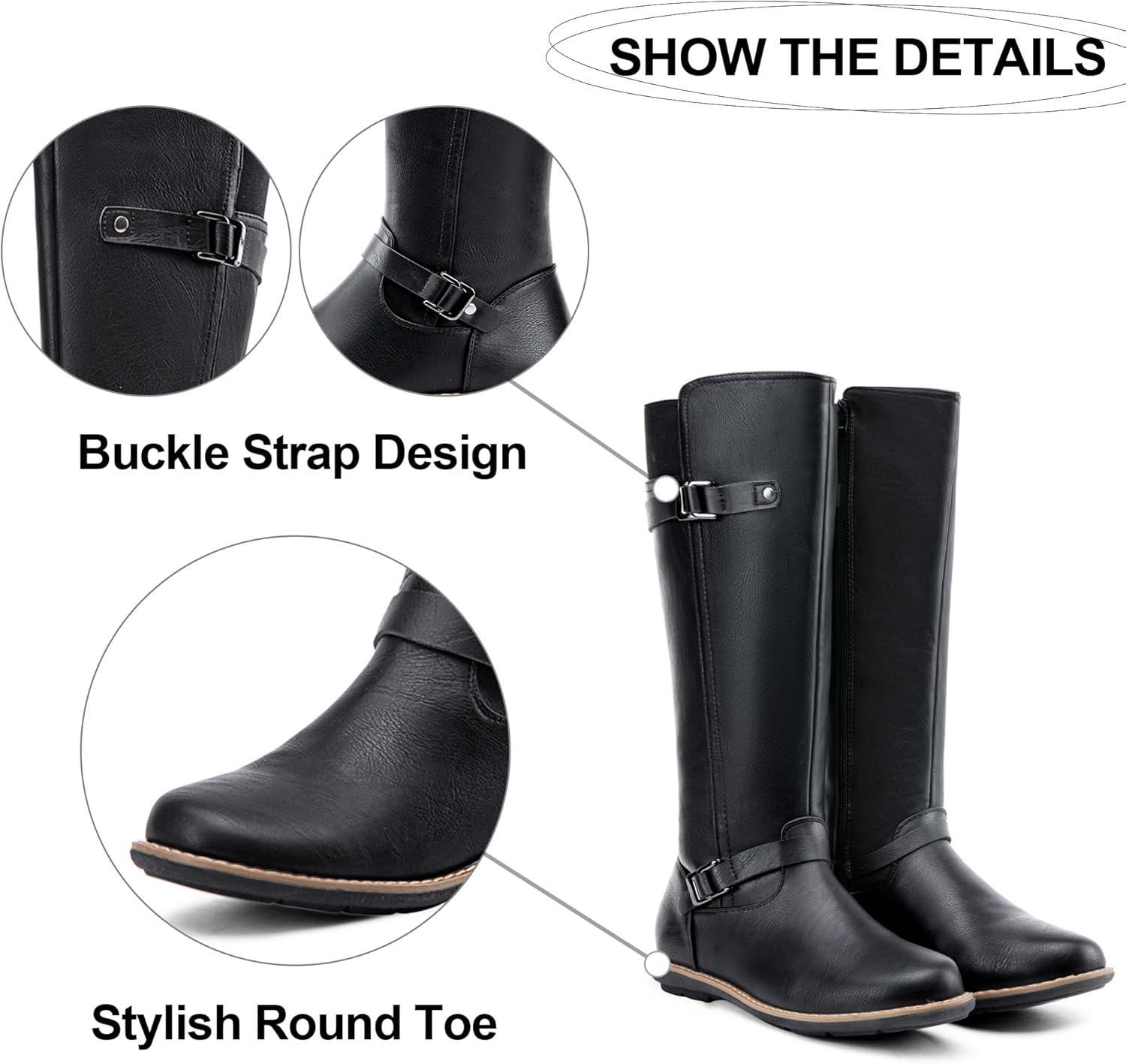 JEOSSY Women's 9655 Knee High Boots Flat Riding Tall Boots with Buckle and Side Zipper - Image 4