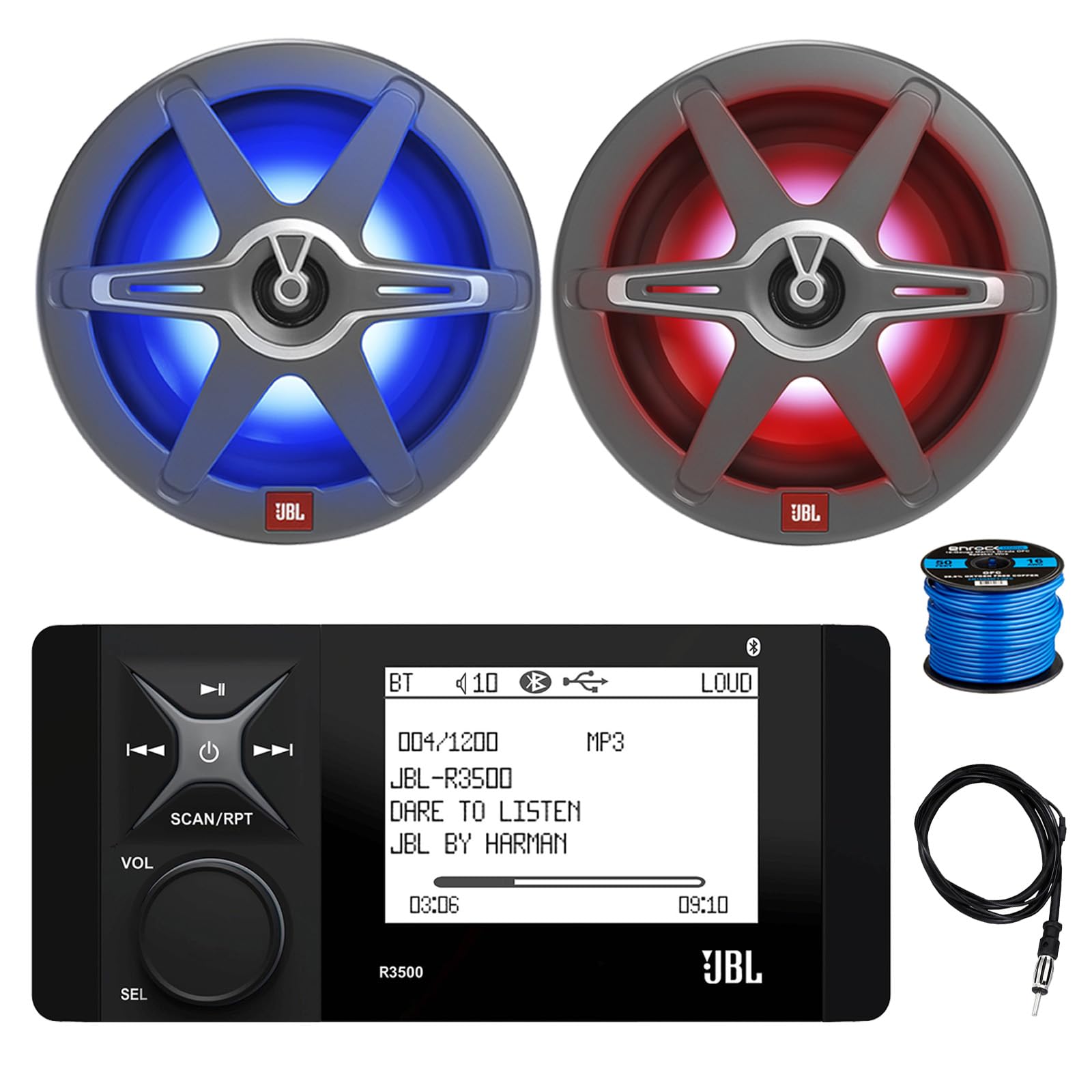 Marine Weather-Resistant AM/FM Radio Bluetooth Receiver, 2X 8 450 Watt 2-Way Multicolor LED Outdoor Audio Speakers, Radio Antenna, Wire