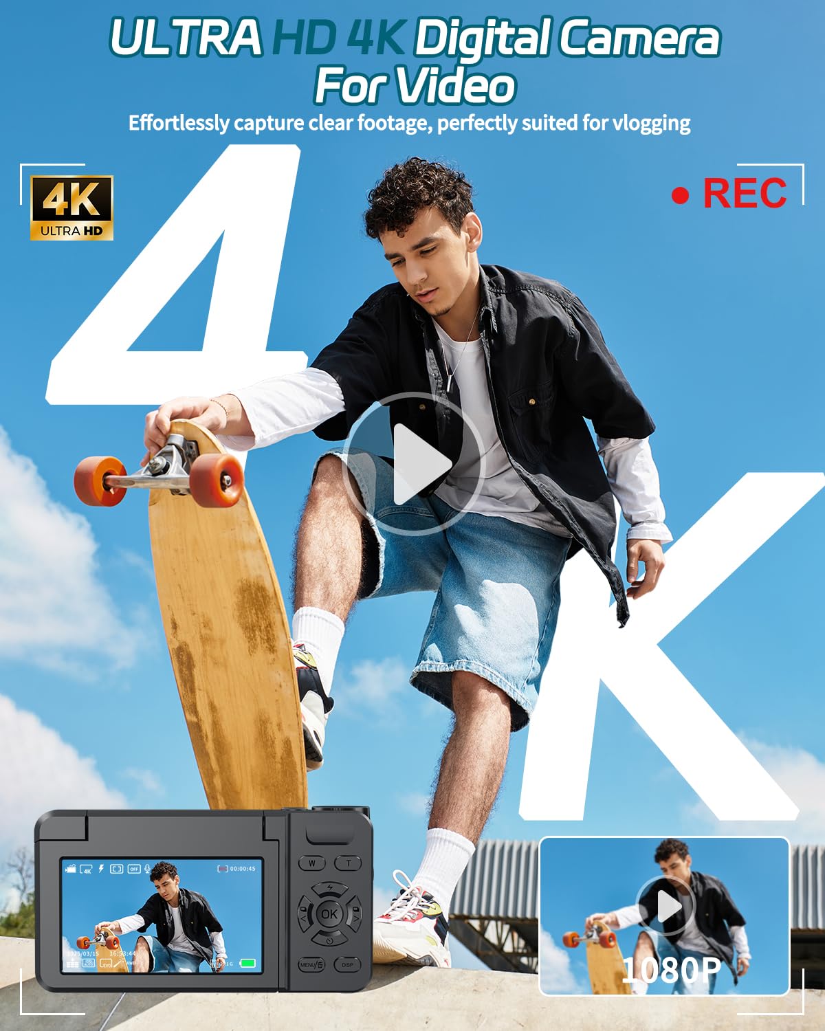 Digitalkamera 4K 64MP Autofokus Vlogging Kamera 3" 180° Klappbildschirm 18X Digitalzoom 2000mAh Akku 32GB Kompaktkamera Schwarz