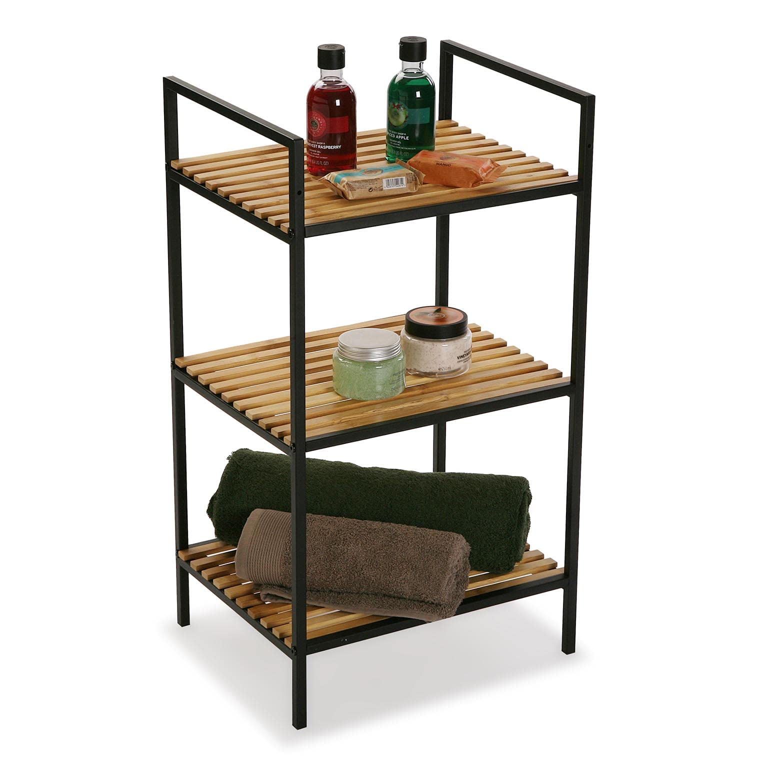 VERSA Willow Mobile Bagno, Mobiletto Bagno Salvaspazio, Mobiletti, Scaffalatura organizzativa a 3 Ripiani, Misure (A x L x l) 70 x 32,5 x 39 cm, bambù e Metallo, Colore Nero