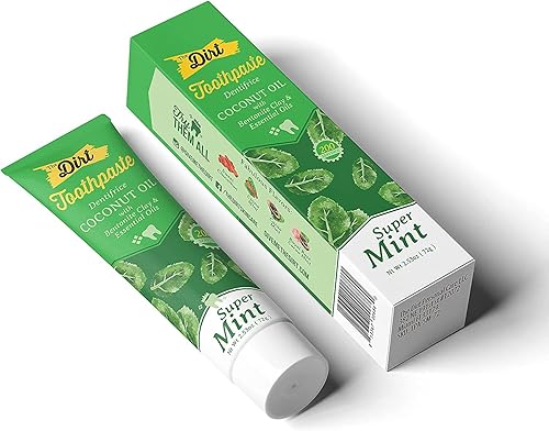 THE DIRT Coconut Oil Toothpaste - Fluoride & Gluten Free - Natural Oral Care for a Refreshing Smile - Super Mint Flavor (72g 10 Weeks Supply)